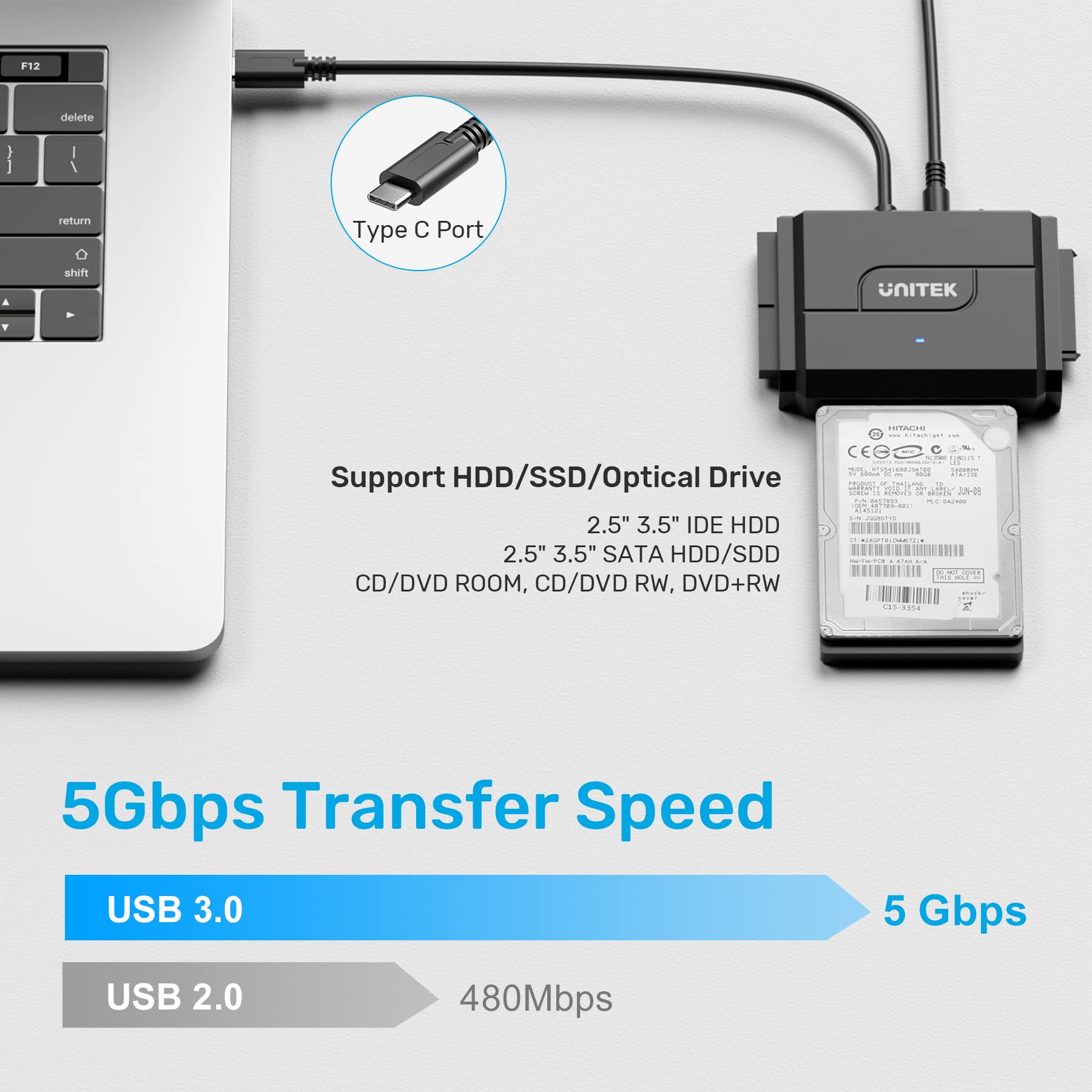 Unitek Ide/Sata To Usb C 3.0 Adapter, Universal Ide Hard Drive Little Triangle Pro Converter For 2.5''/3.5'' Inch Ide And Sata E