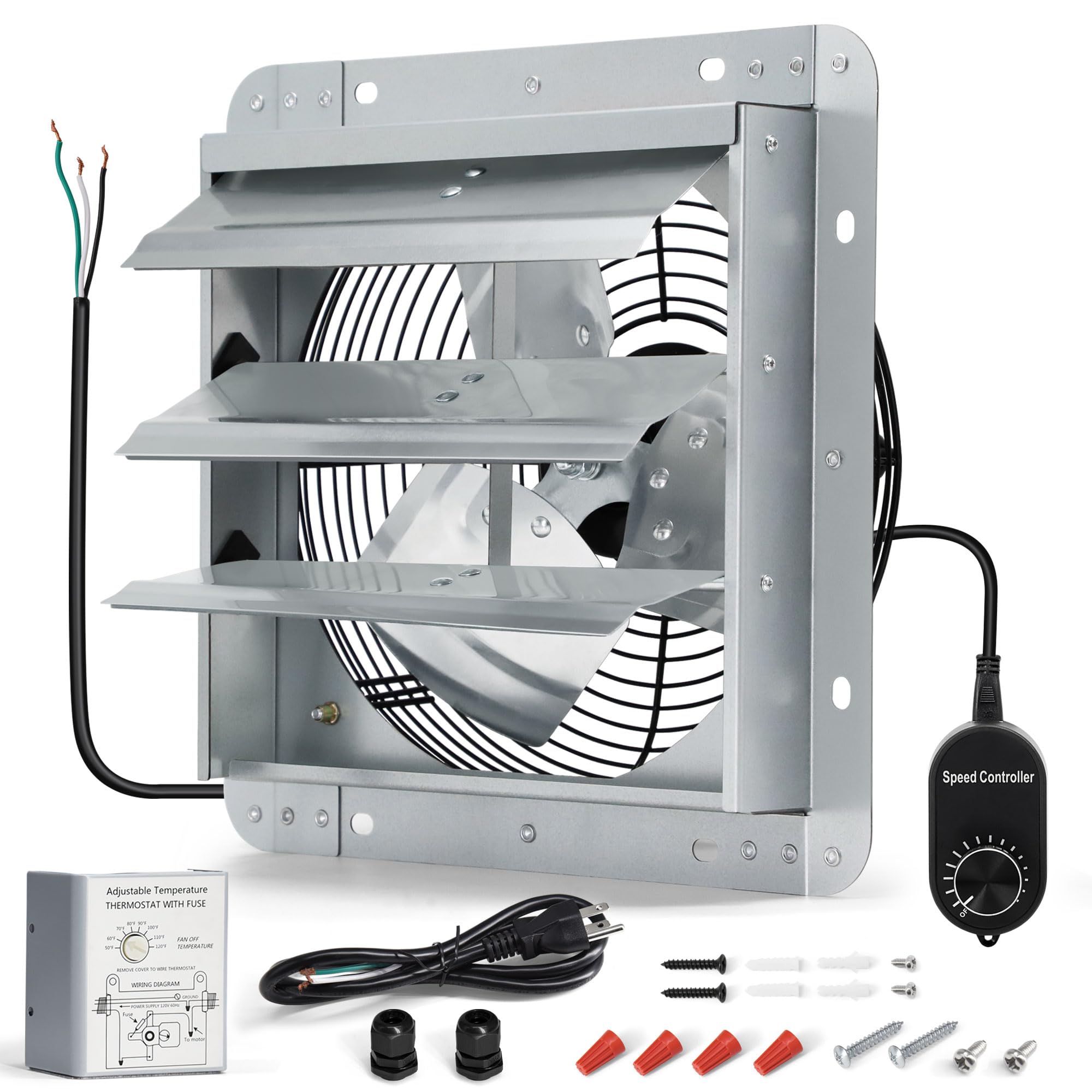 Hipoilk 12 Inch Shutter Exhaust Fan, Wall Mount Attic Fan With Thermostat And Speed Controller For Greenhouses, Sheds, Garages, 
