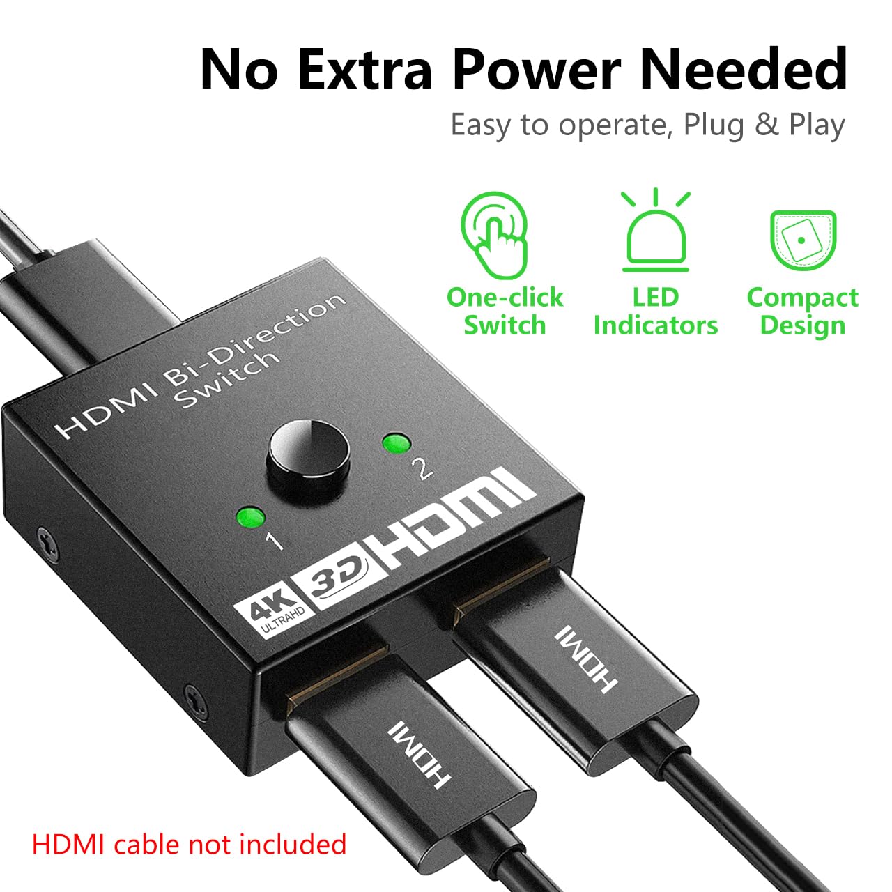 Qingler Hdmi Switch Splitter 4K@60Hz, Aluminum Bidirectional Hdmi Switcher 2 In 1 Out, Hdmi Splitter 1 In 2 Out Supports 3D Hdr