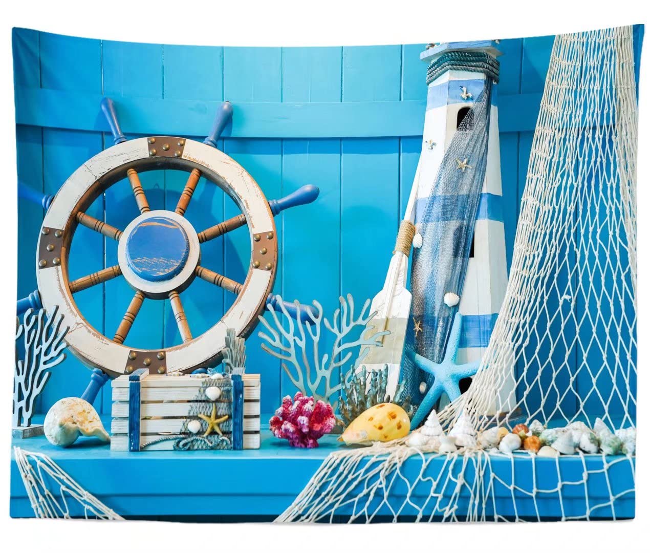 Beleco 7X5Ft Fabric Blue Wooden Nautical Backdrop Sailor Backdrop Sailing Ship Boat Rudder Fishing Net Lighthouse Background Sum