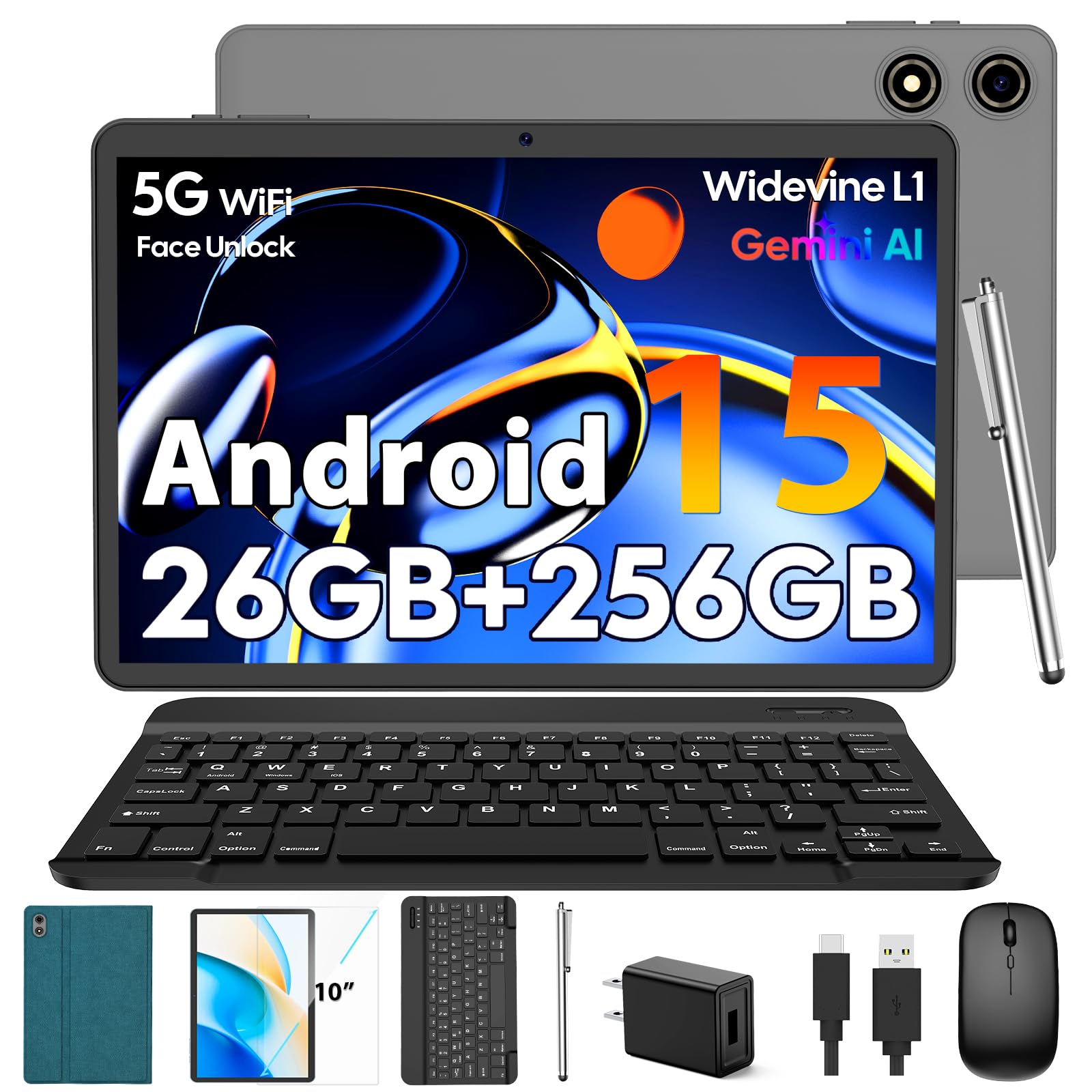 10 Inch Android 15 Tablet with Keyboard, 26GB RAM+256GB ROM(2TB Expand), 2-in-1 Tablet with 8000mAh Battery, 2.4G/5G WiFi, Widev