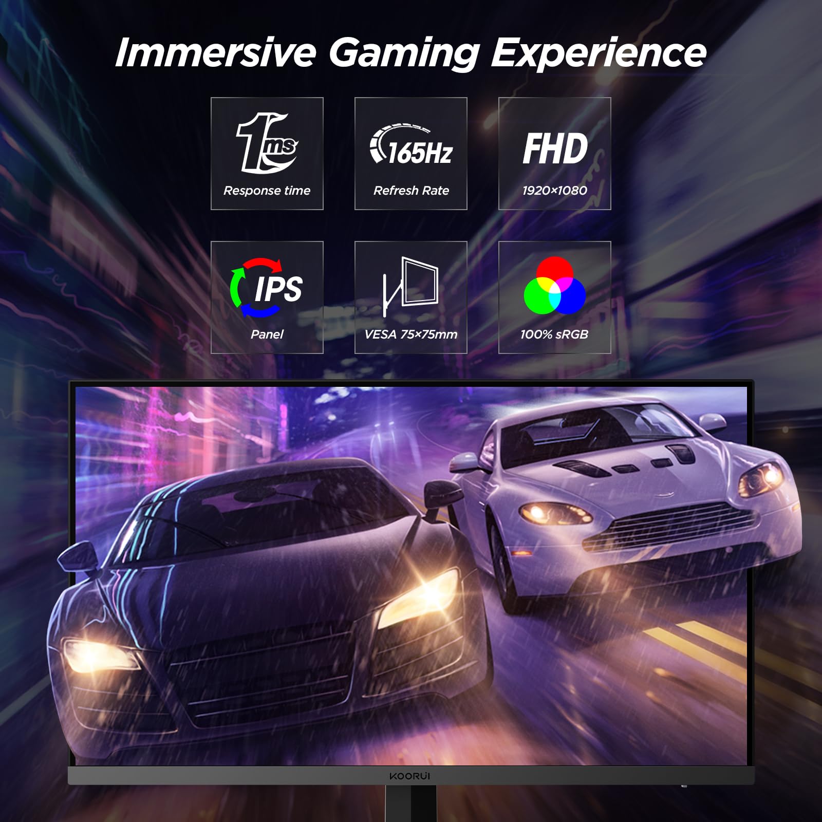 Koorui Monitor, 27'' Gaming Monitor, 165Hz, Ips, Fhd 1920 X 1080 1Ms Computer Monitor With Adaptive Sync, 75X75 Mm Vesa Mountabl