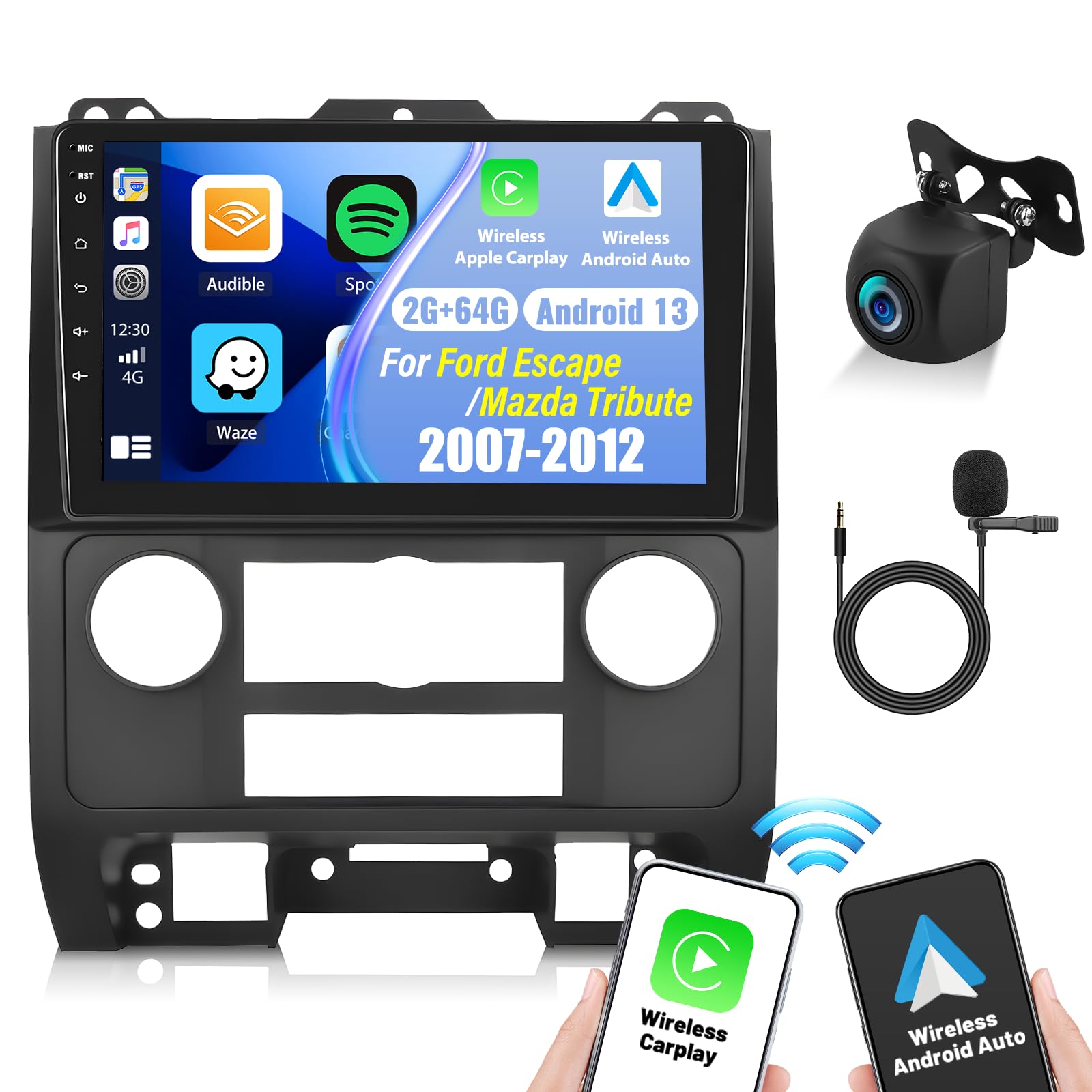 2+64G Android 13 Car Stereo For Ford Escape 2007 2012/Mazda Tribute 2007 2012 With Wireless Apple Carplay Android Auto,9''Touchs