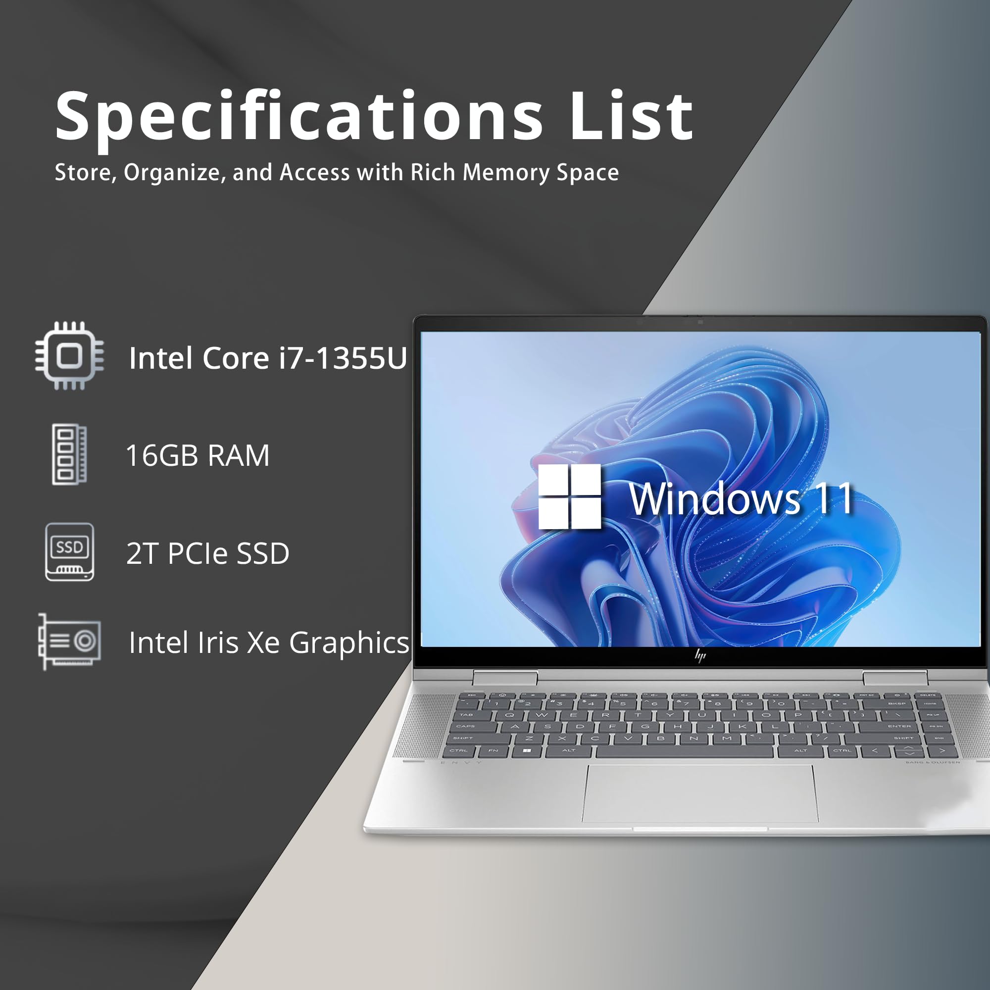 Hp Envy X360 2-In-1 15.6'' Fhd Touchscreen Laptop, Intel I7-1355U, 16Gb Lpddr5 Ram, 2Tb Pcie Ssd, Intel Iris Xe Graphics, Backli