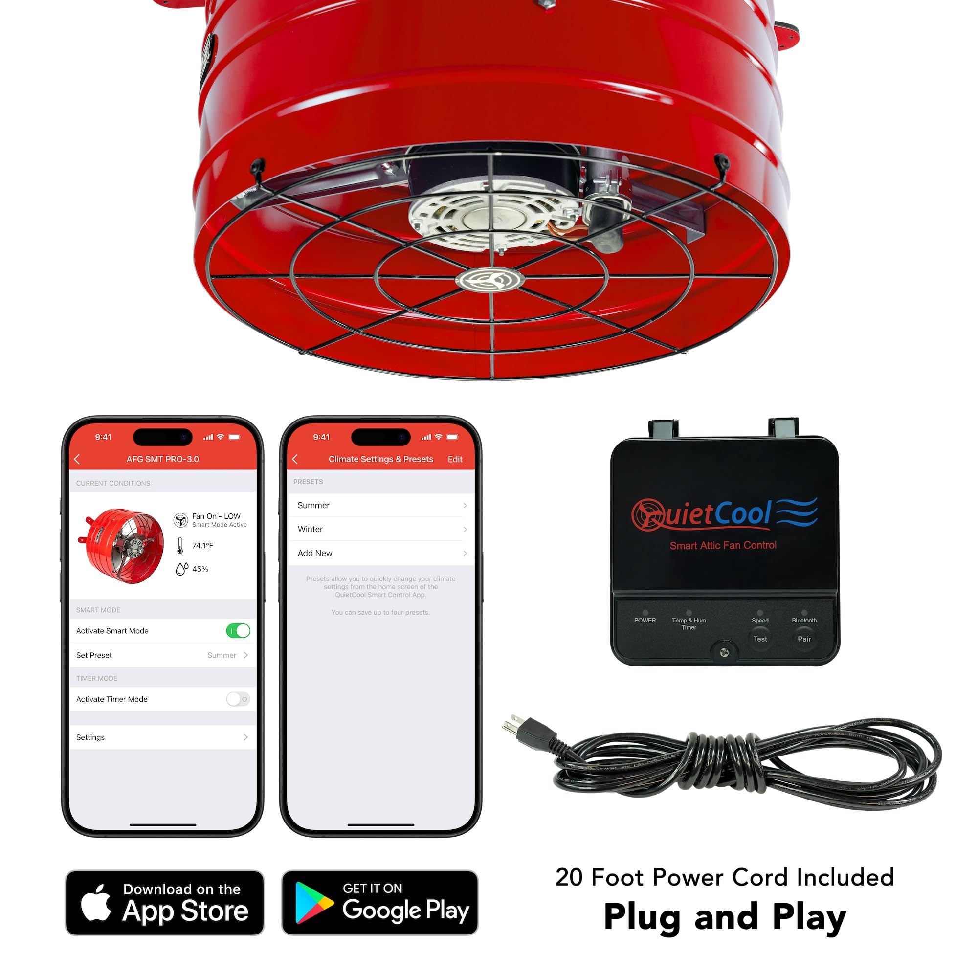 Quietcool Afg Smt Pro 3.0 Smart Attic Fan For Gable Vents   2940 Cfm   Smart App Control   Thermostat And Humidistat   20Ft Powe