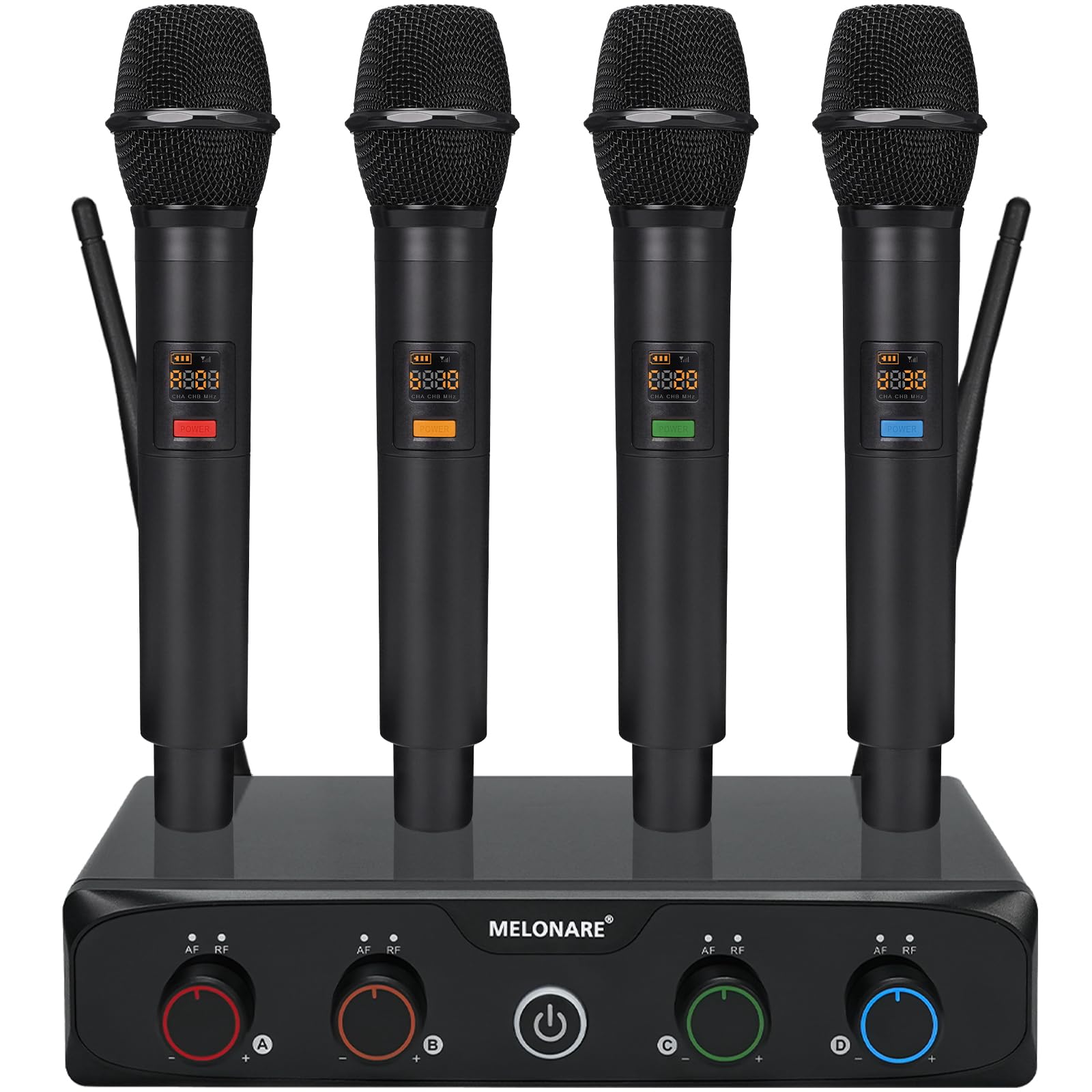 MELONARE 4-Channel Wireless Microphone System, UHF Compact Cordless Mic Set w/ 4x10 Frequencies, 200ft Range, Dynamic Handheld M