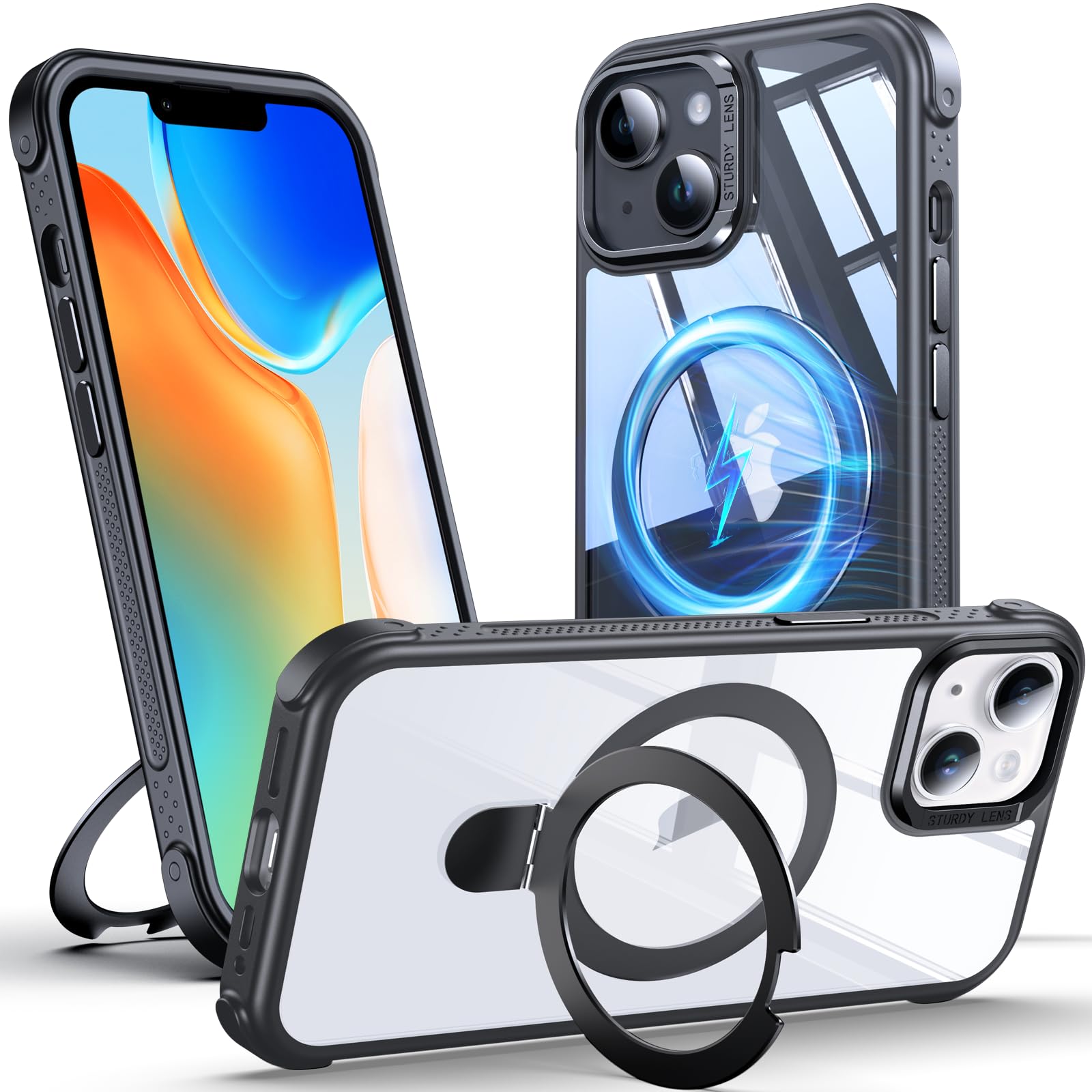 Anqrp O-Ring Magnetic Kickstand Clear Case for iPhone 14/13, Compatible with Mag-Safe, Military-Grade Reinforced 4-Corners Anti-
