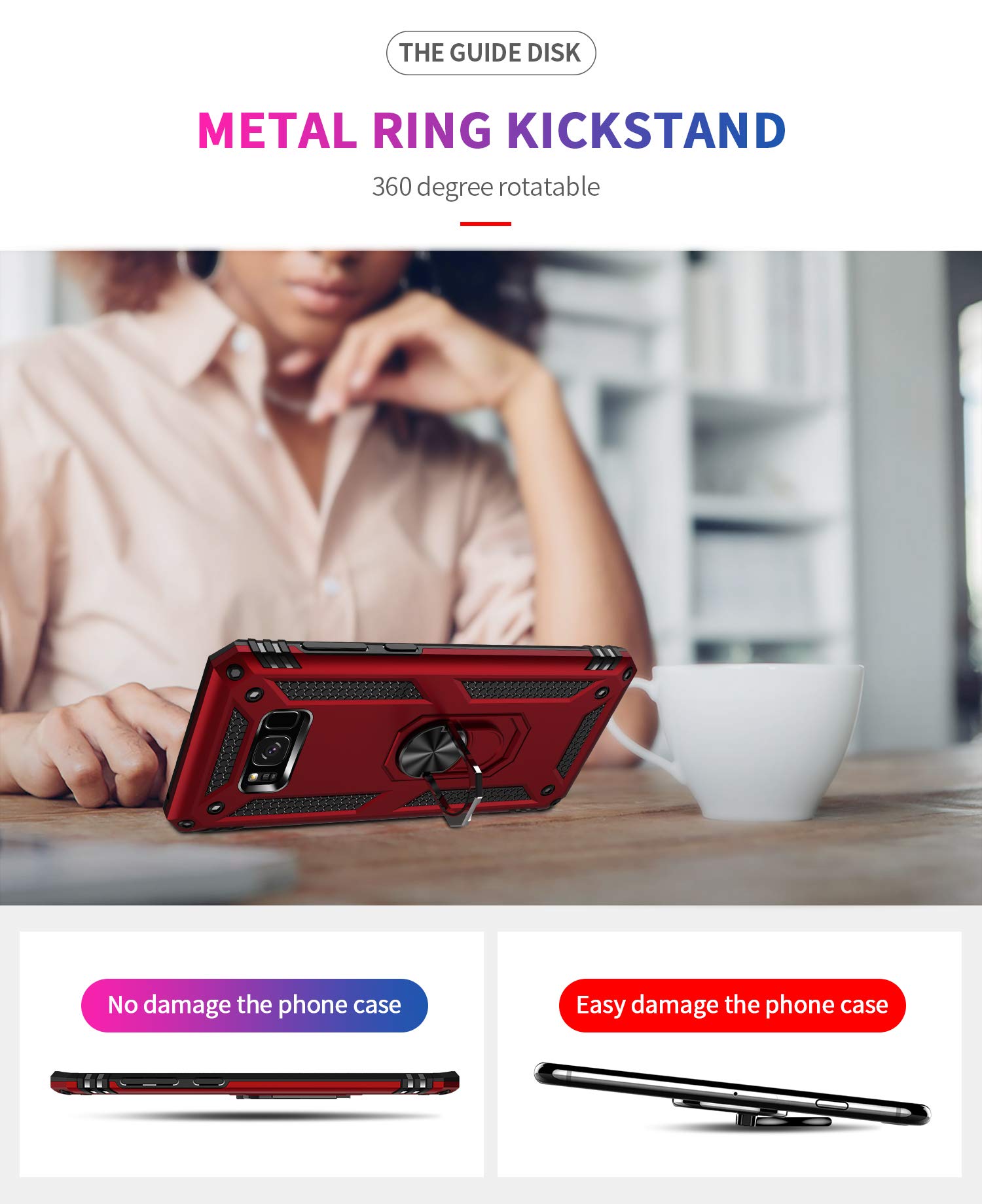 Androgate Samsung Galaxy S8 Plus Military-Grade Phone Case Ring Holder Kickstand Red