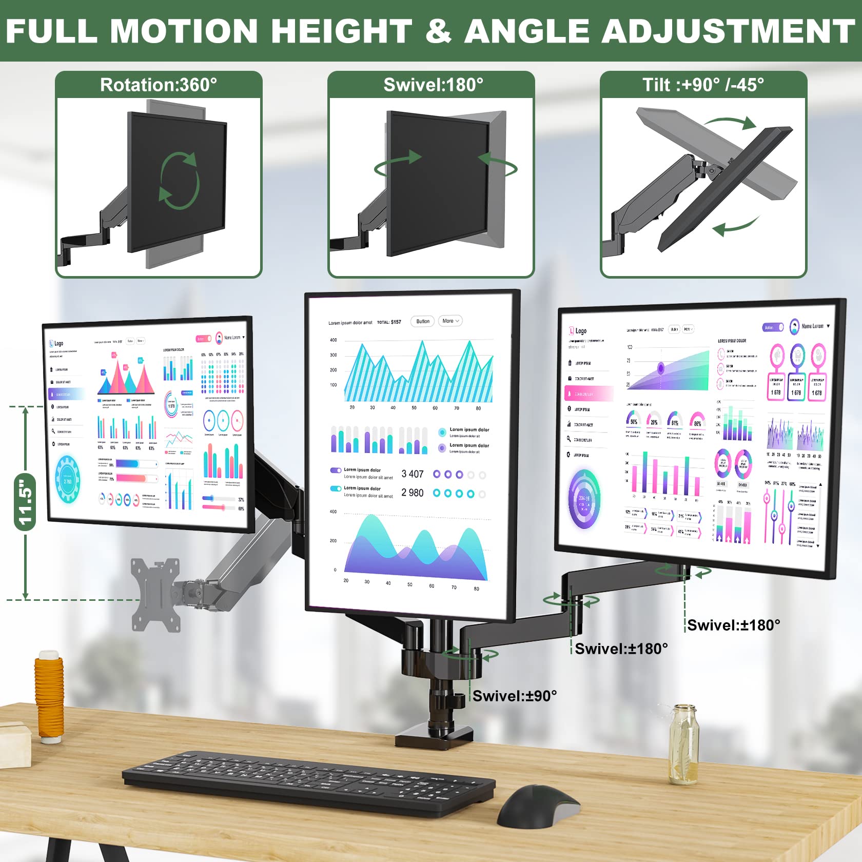 Upgravity Triple Monitor Mount, 3 Monitor Desk Mount For Three Flat/Curved Computer Screens Up To 27 Inch, Fully Adjustable Gas
