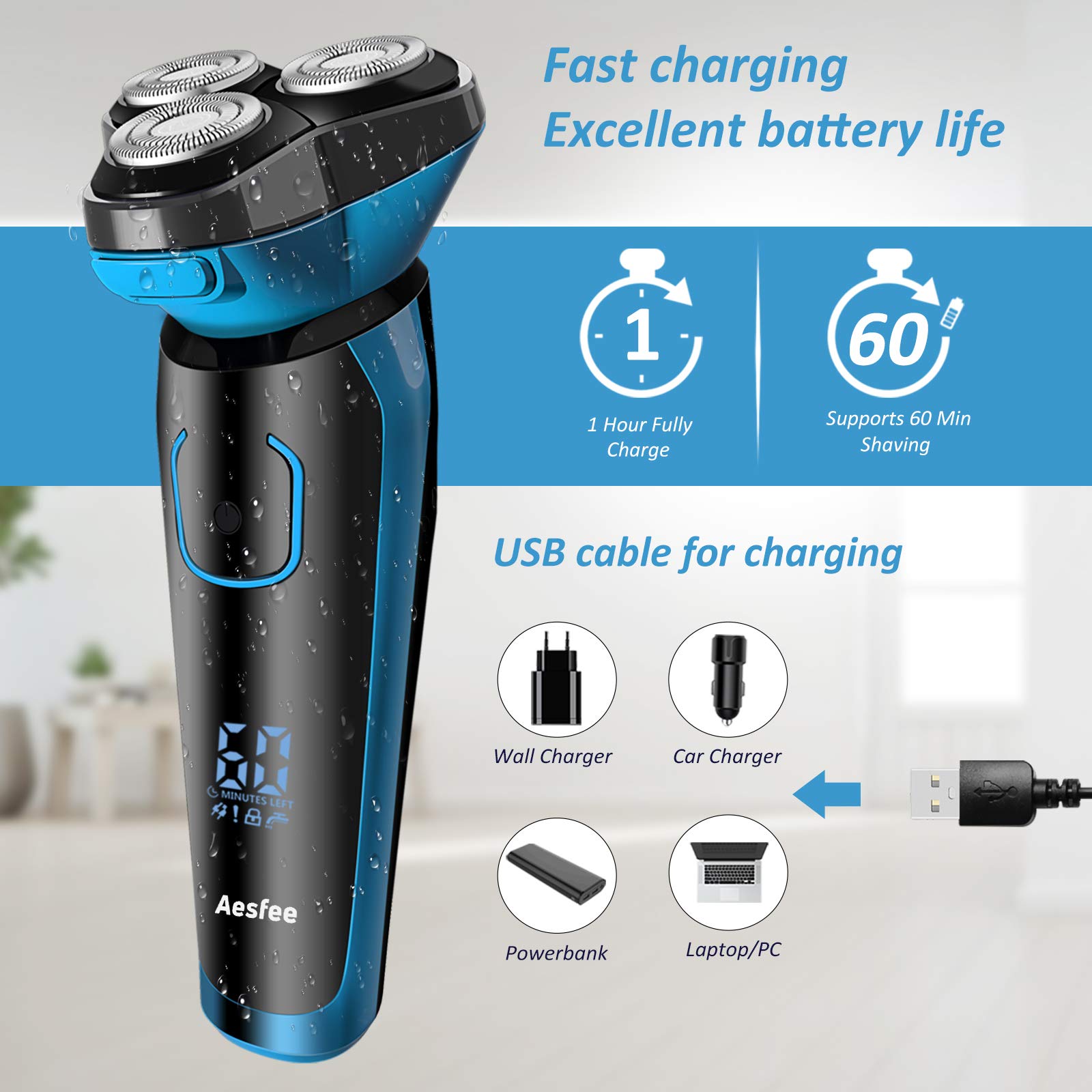 Electric Shaver For Men Waterproof Wet And Dry, Men'S Electric Razor Cordless Rechargeable 3D Rotary Electric Shaving Razors Wit