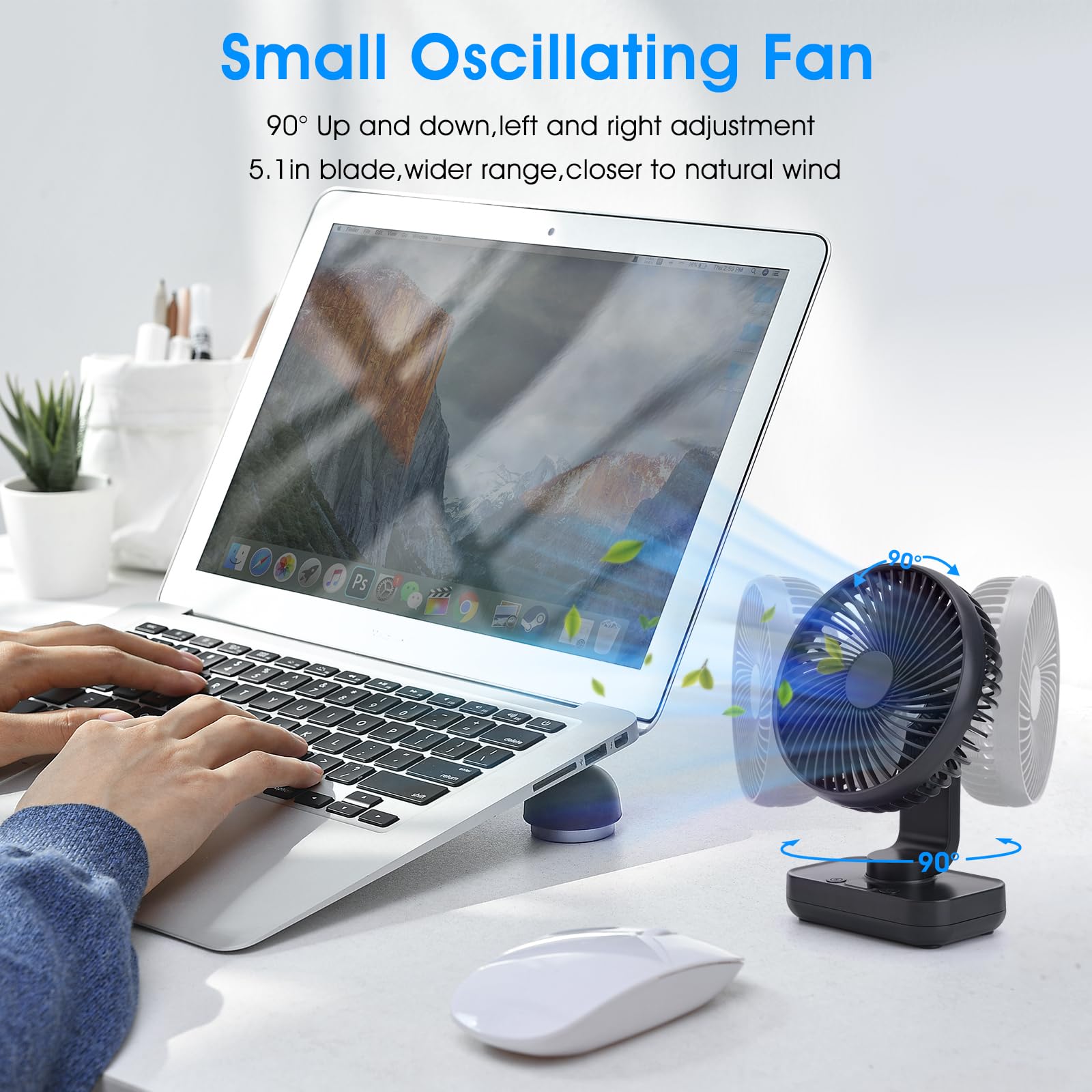 Digibond Oscillating Desk Fan 5.1In 2In1 Small Wall Mounted Oscillating Fan 90 Rotating And Auto Pivoting 4 Speeds 4500Mah Recha