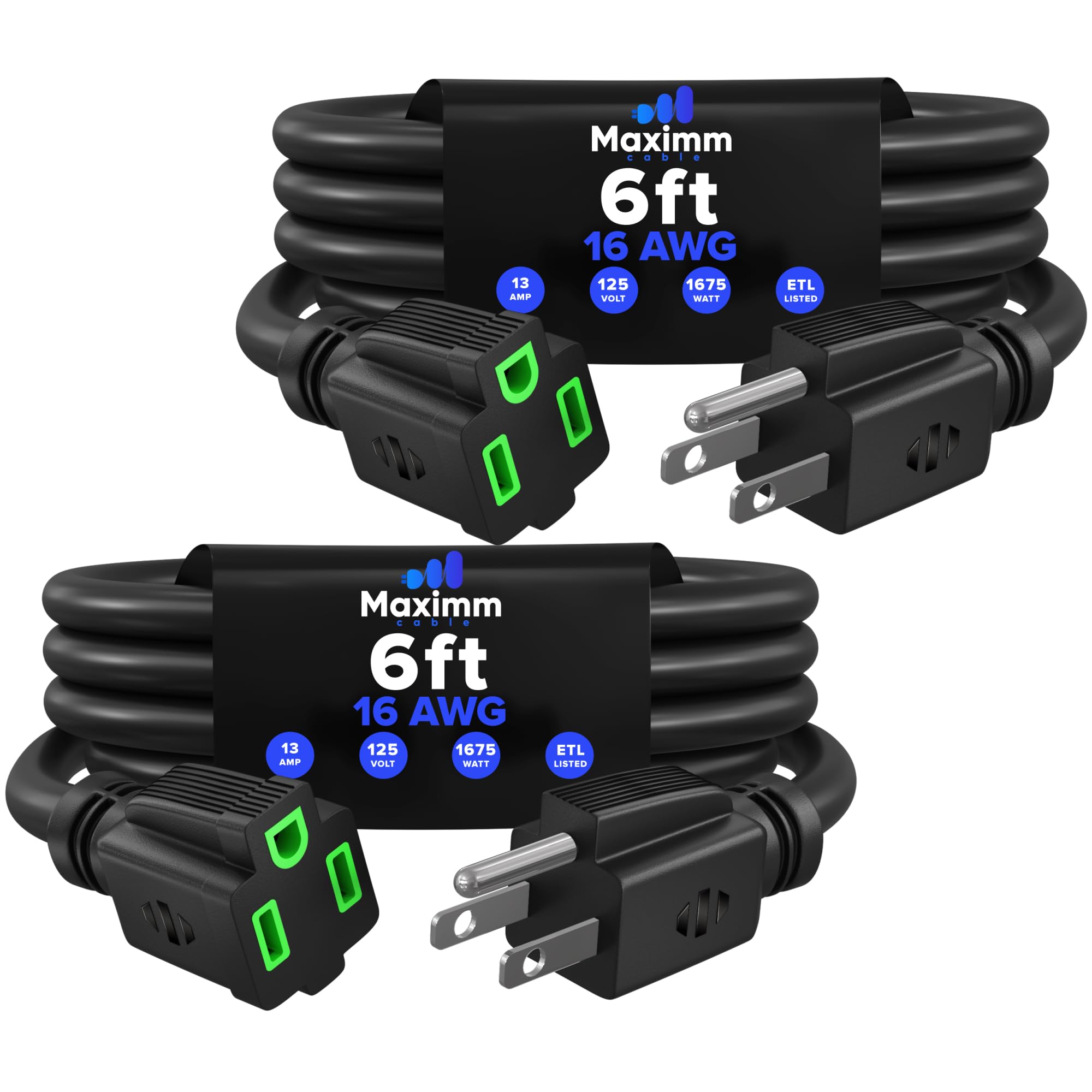 Maximm 6 Ft, 2 Pack, Black with Green Indicators Extension Cord, 16 AWG 3-Prong, Compact Indoor Power Cable - ETL Listed