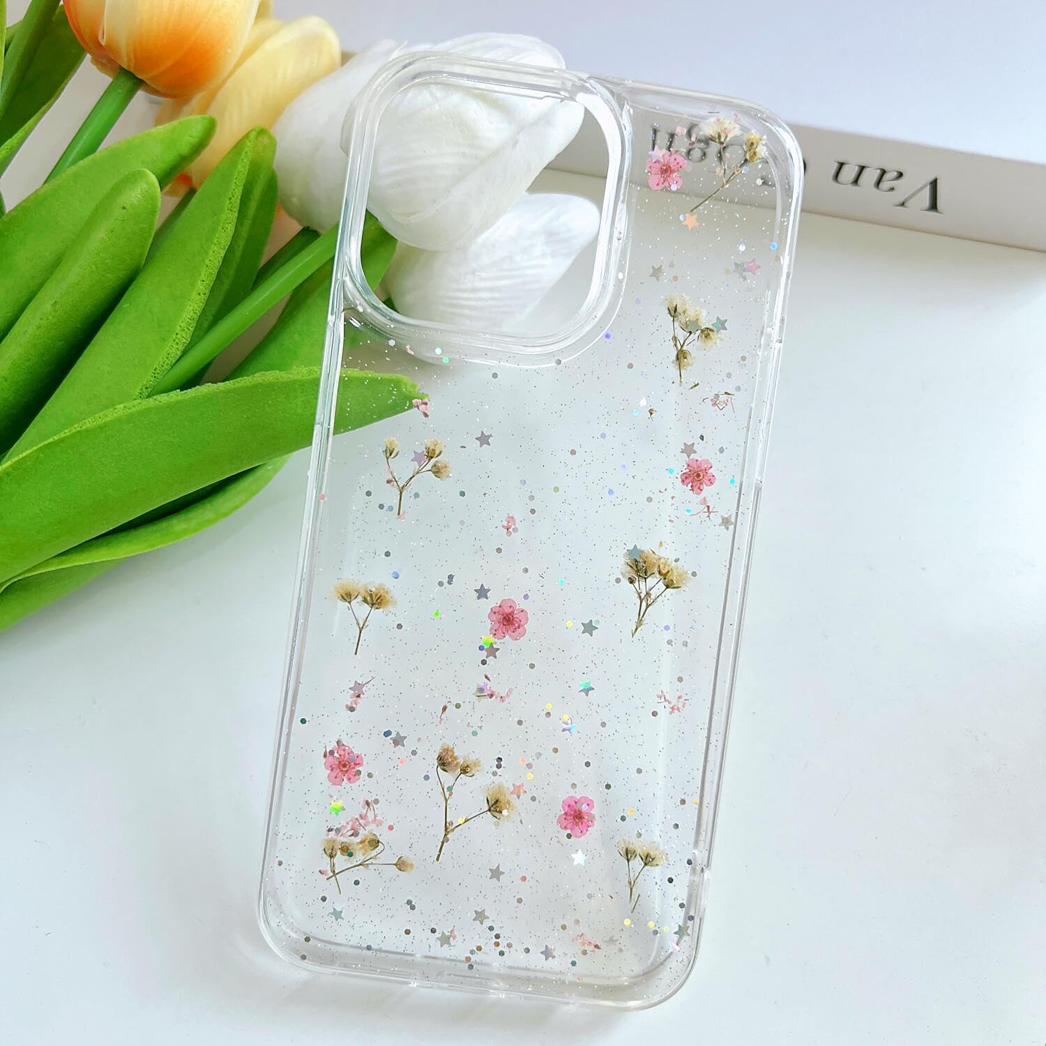 Lseeka For Iphone 15 Pro Clear Case With Pressed Real Flowers Design,Glitter Cute Pink Floral Pattern Slim Soft Tpu Protective W