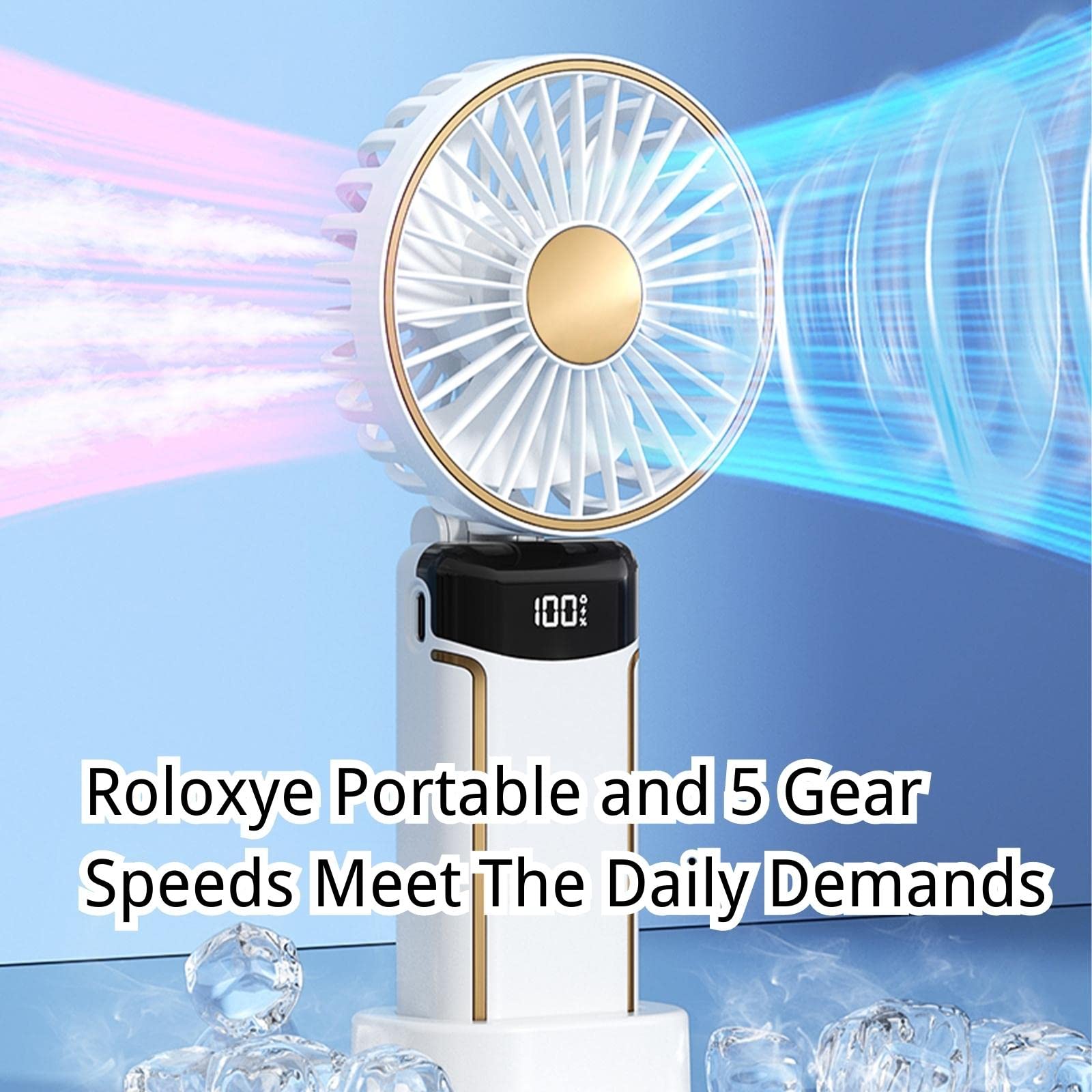 Roloxye Portable Fan Handheld Fan, 6000Mah 180 Foldable Multi Function Fan, 5 Speeds, Digital Display, Ultra Quite, Up To 16H Lo