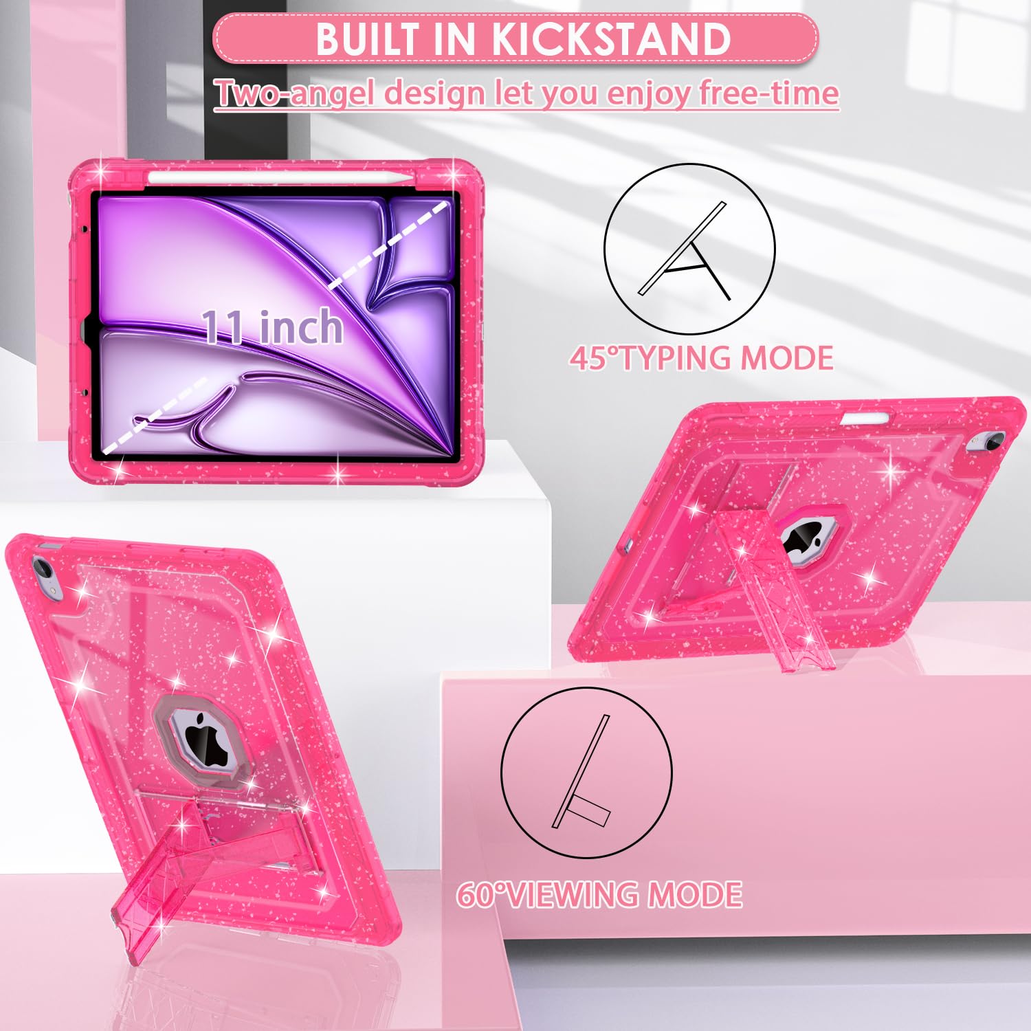 Zonefoker For Ipad Air 11 Inch Case 6Th/5Th/4Th Generation M2 11 Inch 2024/2022/2020 Case, Hot Pink Glitter Slim Cover For Kids