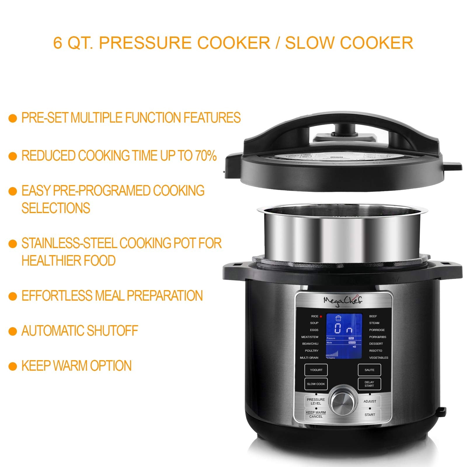 Megachef Electric Stainless Steel Brushed Digital Pressure Cooker With Lid, 6 Quart, Chrome And Black
