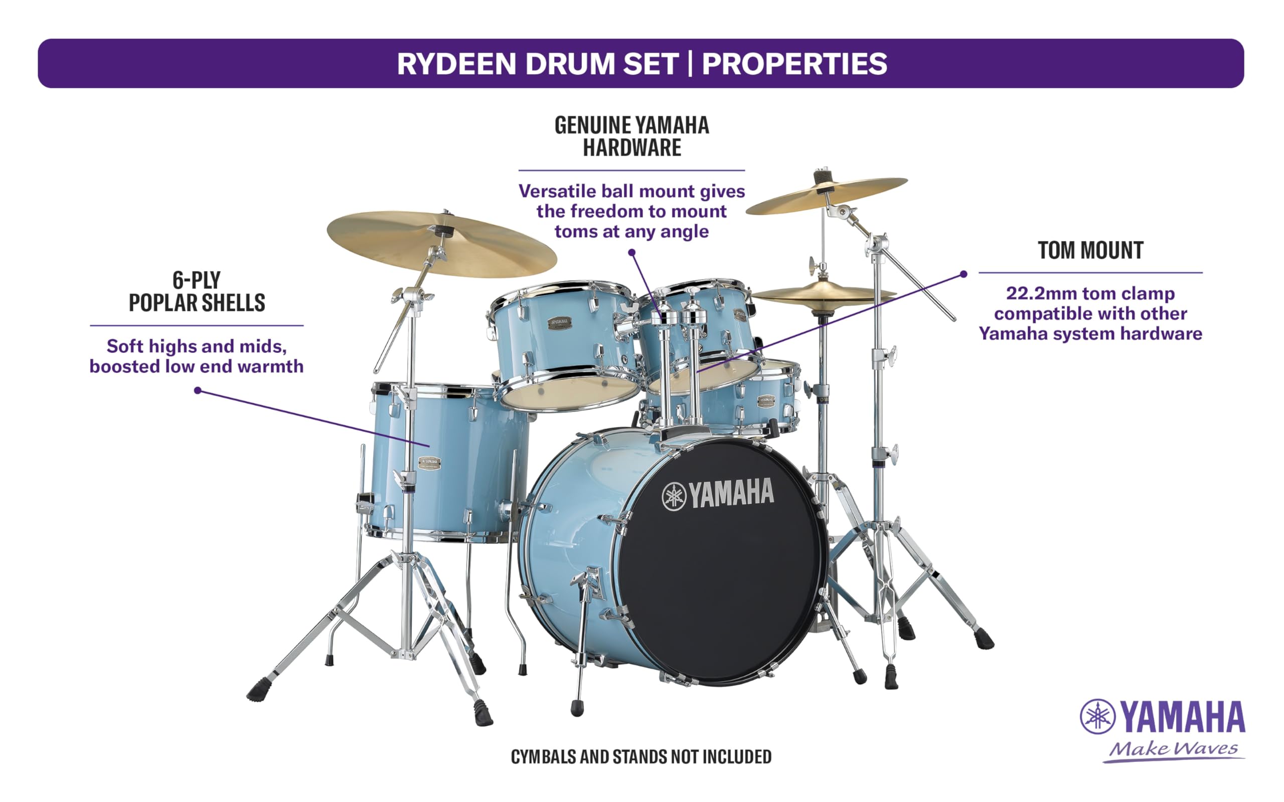 Yamaha Rydeen 5-Piece Drum Set With 22 Bass Drum, Floor Tom, 2 Toms With Ball Clamp And Wood Snare Drum, Gloss Pale Blue