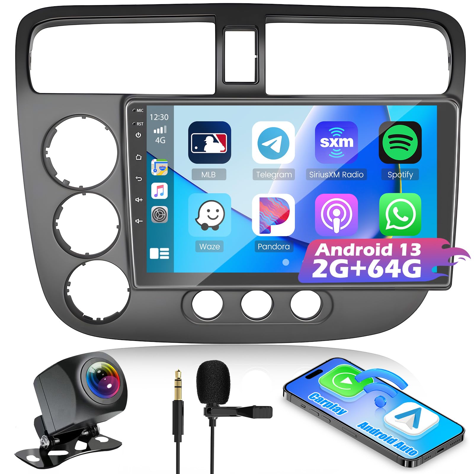 [1G+32G] Android Stereo For Honda Civic 2001 2005 With Wireless Carplay Android Auto, 9 Inch Android 13 Car Radio Touchscreen Wi