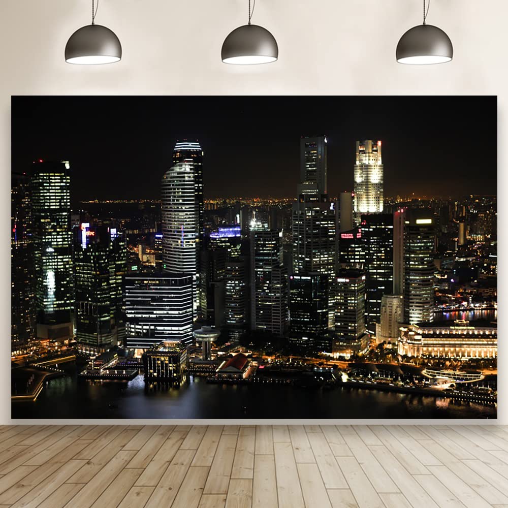 Laeacco 7X5Ft Aerial View Famous Big City Backdrop For Photography Modern City Night View Background Skyscraper Urban Light Skyline Birthday Party Banner Online Live Broadcast Video Prop Photo Studio