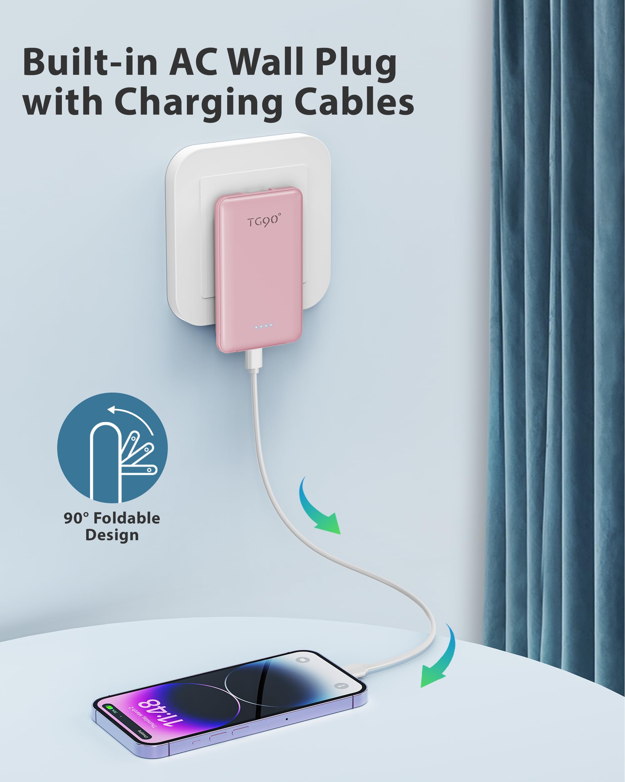 Tg90 Portable Charger Power Bank, Ultra Small 5000Mah Battery Pack With Built In Foldable Ac Wall Plug And Cables, Usb C Cell Ph