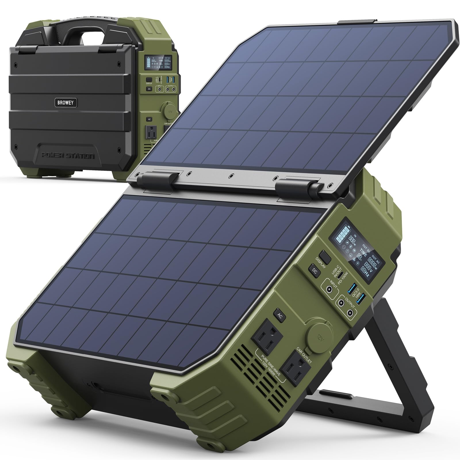 BROWEY 1600W (3200W Peak) Portable Power Station, 1024Wh LiFePO4 Battery with Built-in Solar Panel, 100W USB-C PD, Solar Generat