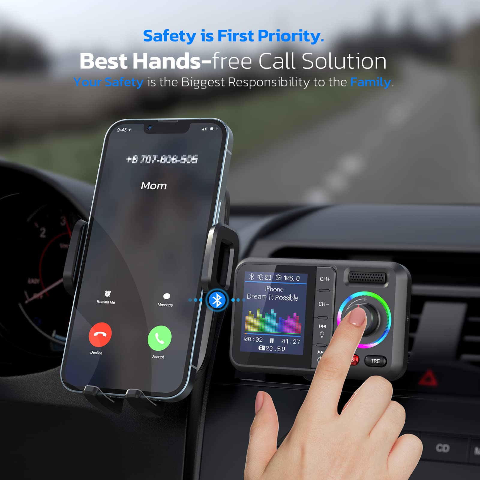 Nulaxy Bluetooth Fm Transmitter For Car, Wireless Car Bluetooth V5.0 Adapter With Big Color Screen, Support Qc3.0 Fast Charging, Hands Free Call, Mp3 Music Player Bass&Tre Booster, Tf Card Aux Km28