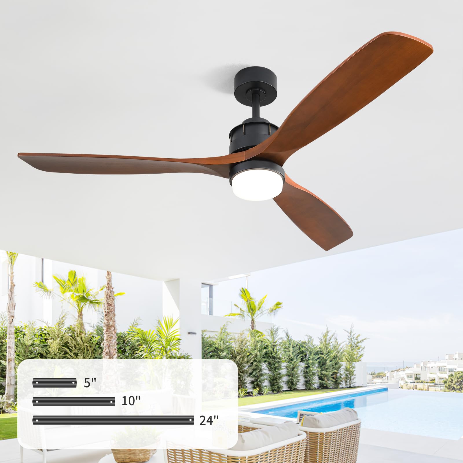 CACI Mall 60 inch Wood Ceiling Fan with Light, Outdoor Ceiling Fans for Covered Patios, Walnut, Remote Control, Large, for Porch