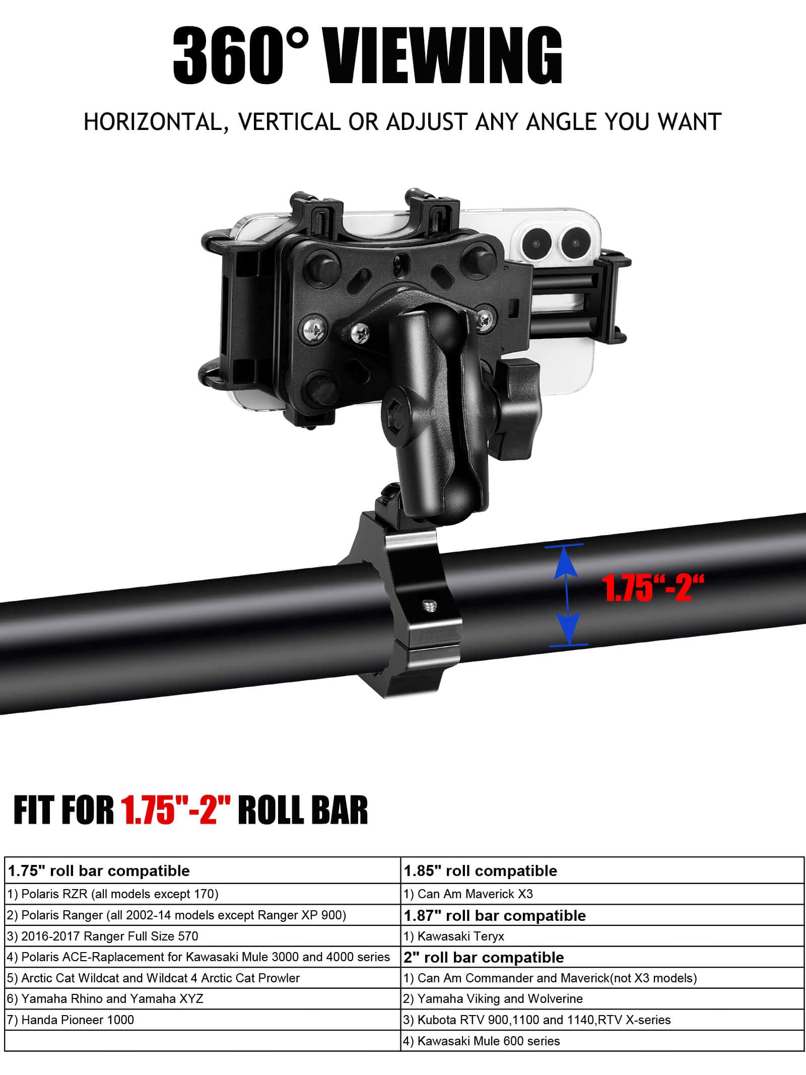 Zidiyoruo Anti Vibration Phone Holder For Utv/Sxs Off Road Riding, One Hand Operation Aluminum Heavy Duty Cell Phone Mount, Easy