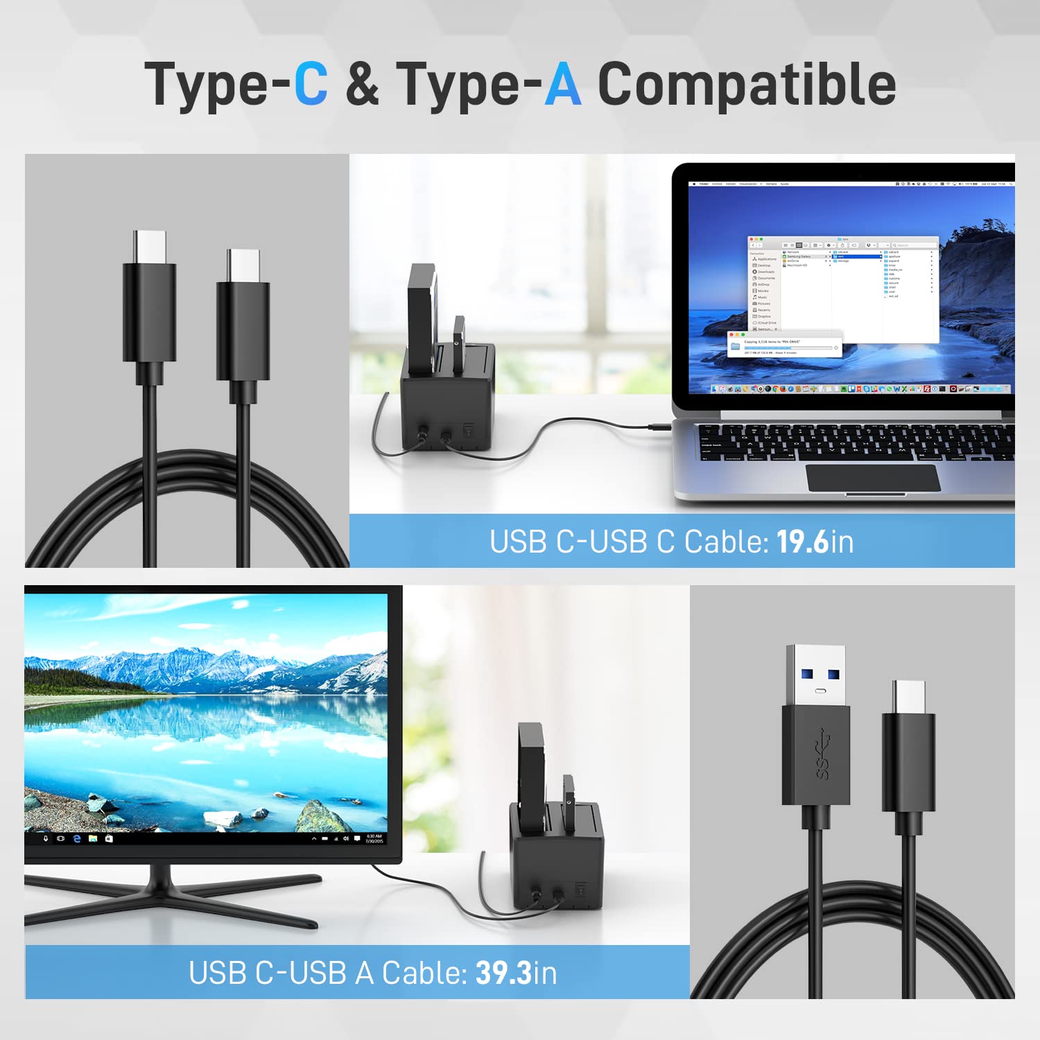 FIDECO USB 3.2 Gen 1 Hard Drive Docking Station - Dual Bay Type-C, HDD/SSD Duplicator, Model YPZ220C, UASP Support, Plastic