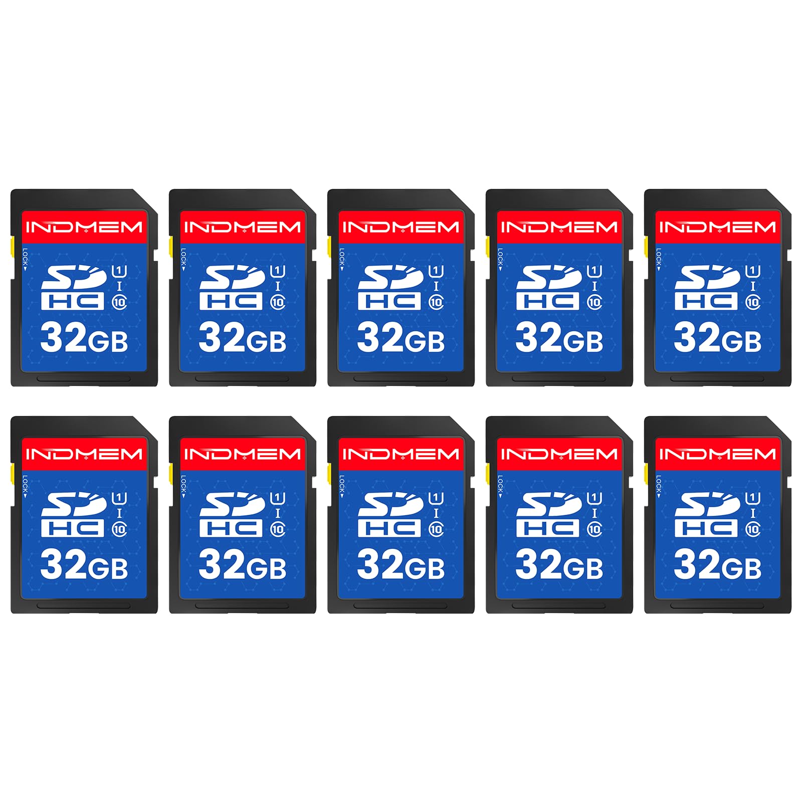 INDMEM SD Card 32GB, 10-Pack UHS-I Class 10 MLC Flash Memory Card, High-Speed Secure Digital Cards for Cameras, DSLR, Action Cam