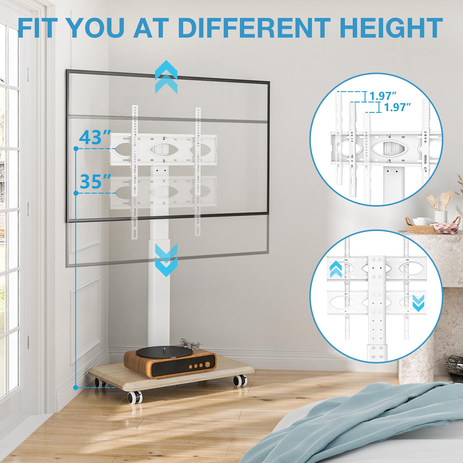 Yomt Floor Tv Stand With Mount For 32-70 Inch Flat Screen/Curved Tvs, Swivel Rolling Height Adjustable Portable Tv Stand On Whee