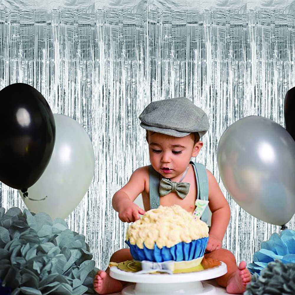 Toniful 3Pcs Silver Door Streamers,Silver Photo Booth Backdrop Metallic Streamers Silver Foil Fringe Curtains For Birthday,Chris