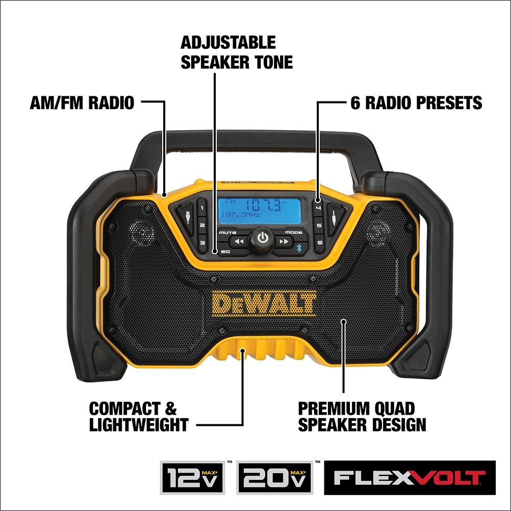 Dewalt 12V/20V Max Portable Bluetooth Radio, Cordless, 100 Ft Range, 3.5� Subwoofers, Jobsite (Dcr028B)