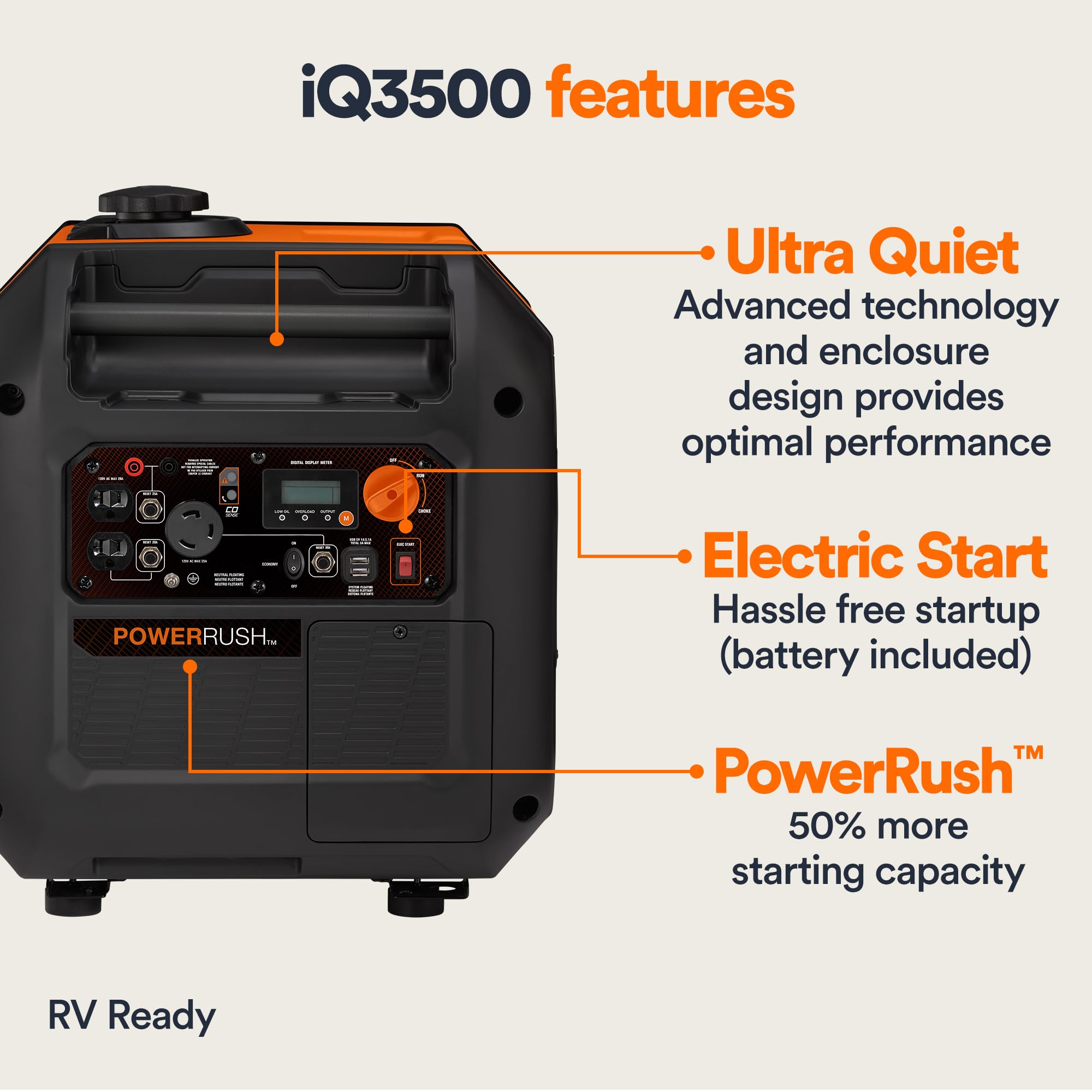 Generac 3,500-Watt Gas-Powered Portable Inverter Generator - Electric Start - Lightweight Enclosure Design For Ultra-Quiet Perfo
