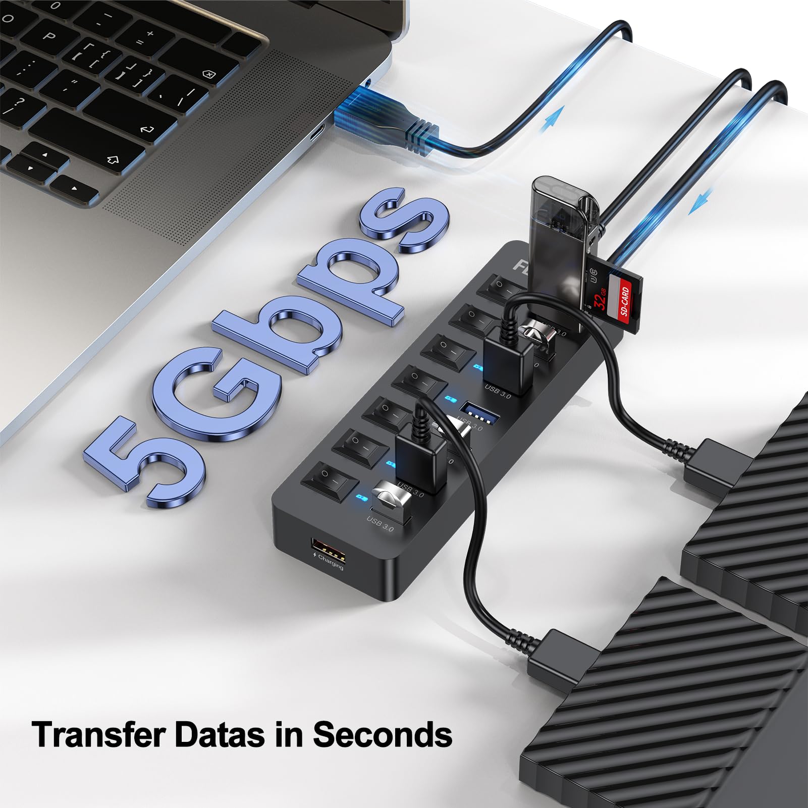 Powered Usb Hub 3.0, 5Gbps Data Transfer 7 Ports And 12W Charging Only 1 Port With 5V/3A Power Adapter 4Ft Long Cable & Individual Led Switches For Laptop Pc Flash Drive Ssd Hdd Keyboard Mouse...