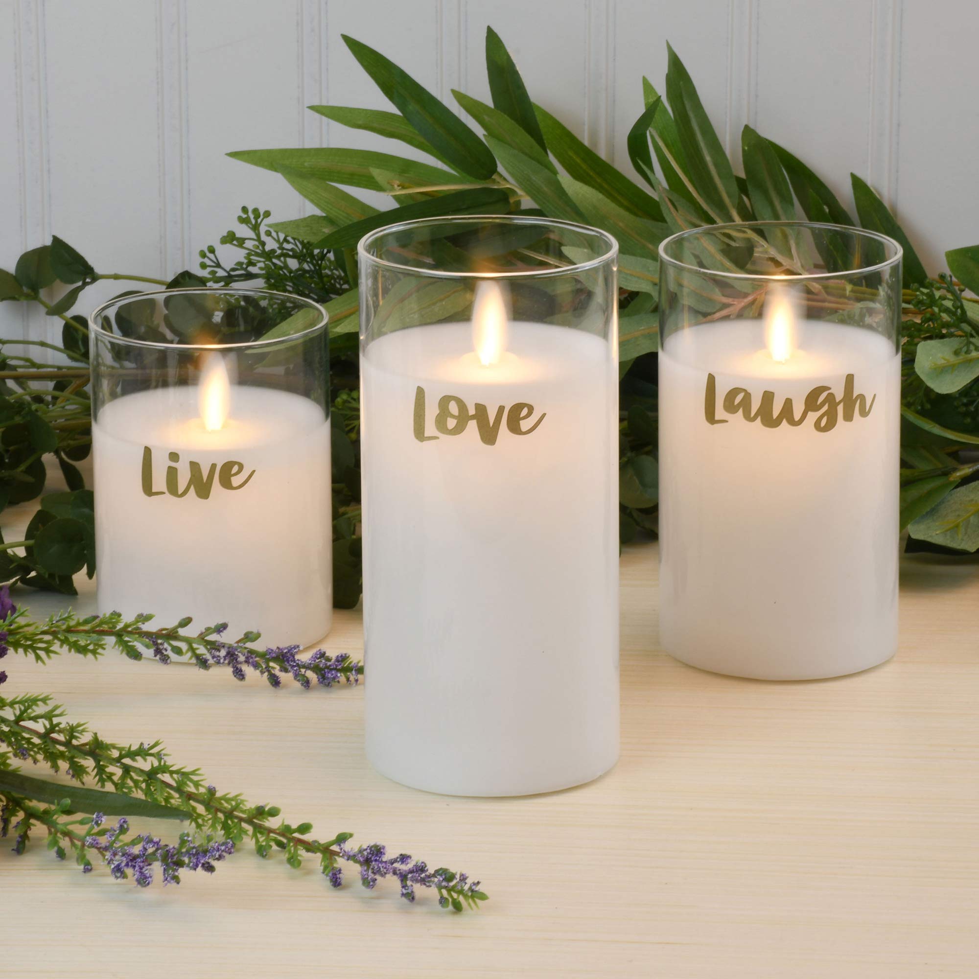 Lumabase Battery Operated Led Glass Candles With Moving Flame, Live Laugh Love   Set Of 3