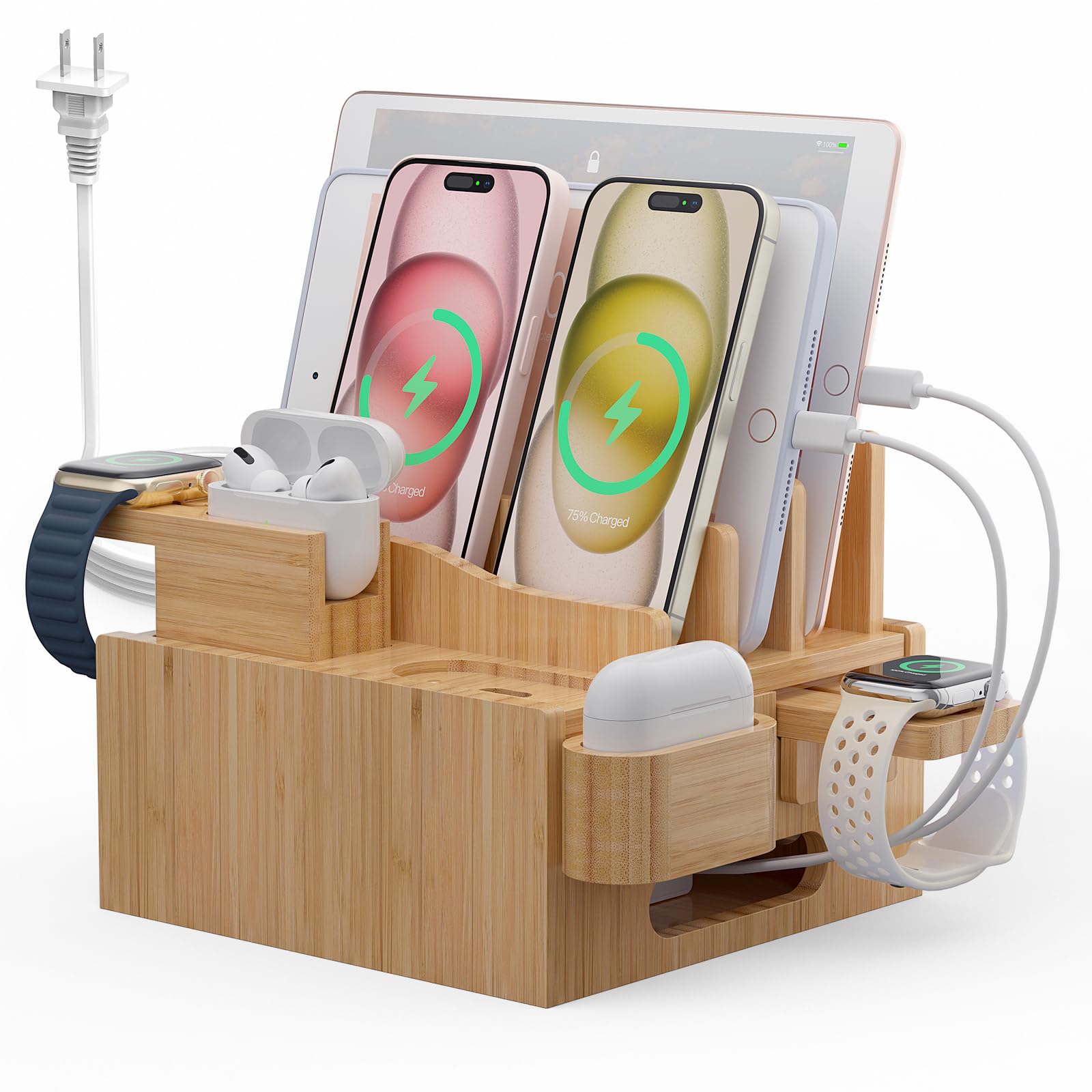Pezin & Hulin Multiple USB Charging Station, Wooden Bamboo Dock Station for Cell Phones, Tablets, Earpods and Smart Watch, Inclu