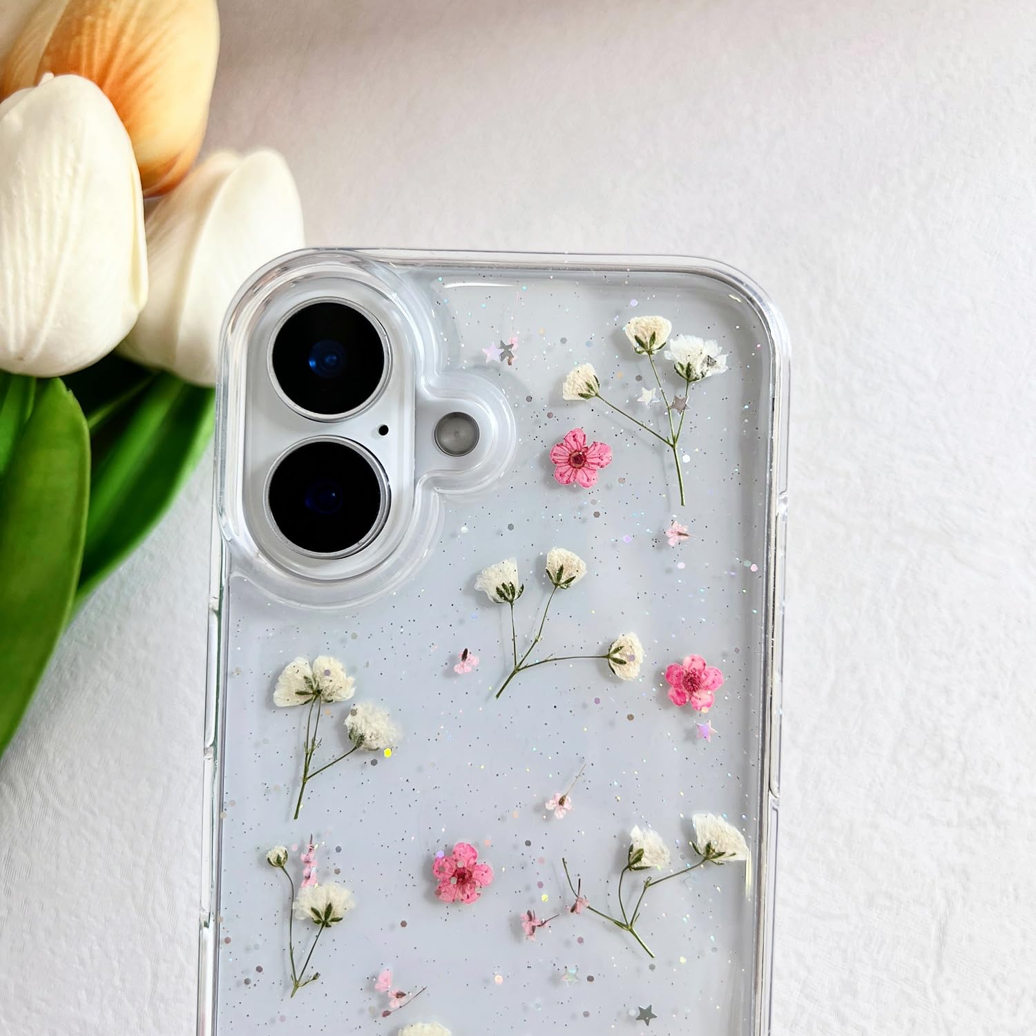 Lseeka For Iphone 16 Plus Clear Case With Pressed Real Flowers Design,Glitter Cute Pink Floral Pattern Slim Soft Tpu Protective