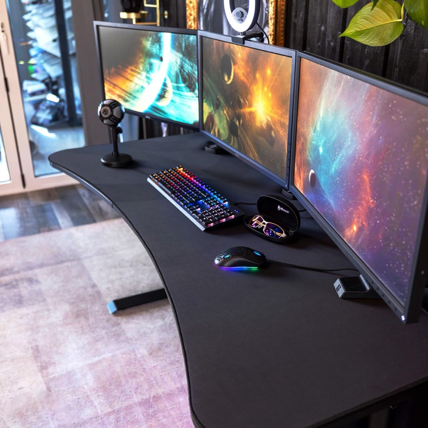 Arozzi Arena Ultrawide Curved Gaming And Office Desk With Full Surface Water Resistant Deskmat Custom Monitor Mount Cable Manage