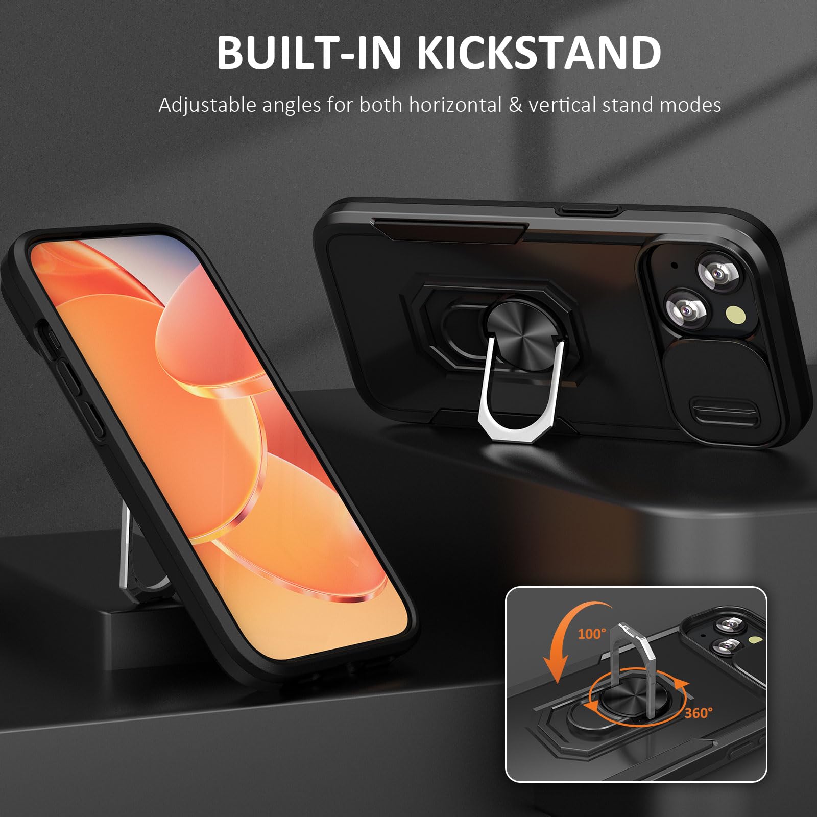 Sefing Case For Iphone 15 Phone Case Iphone 15 Case With Slide Camera Cover, With Finger Ring Holder Stand, Fit Magnetic Car Mou