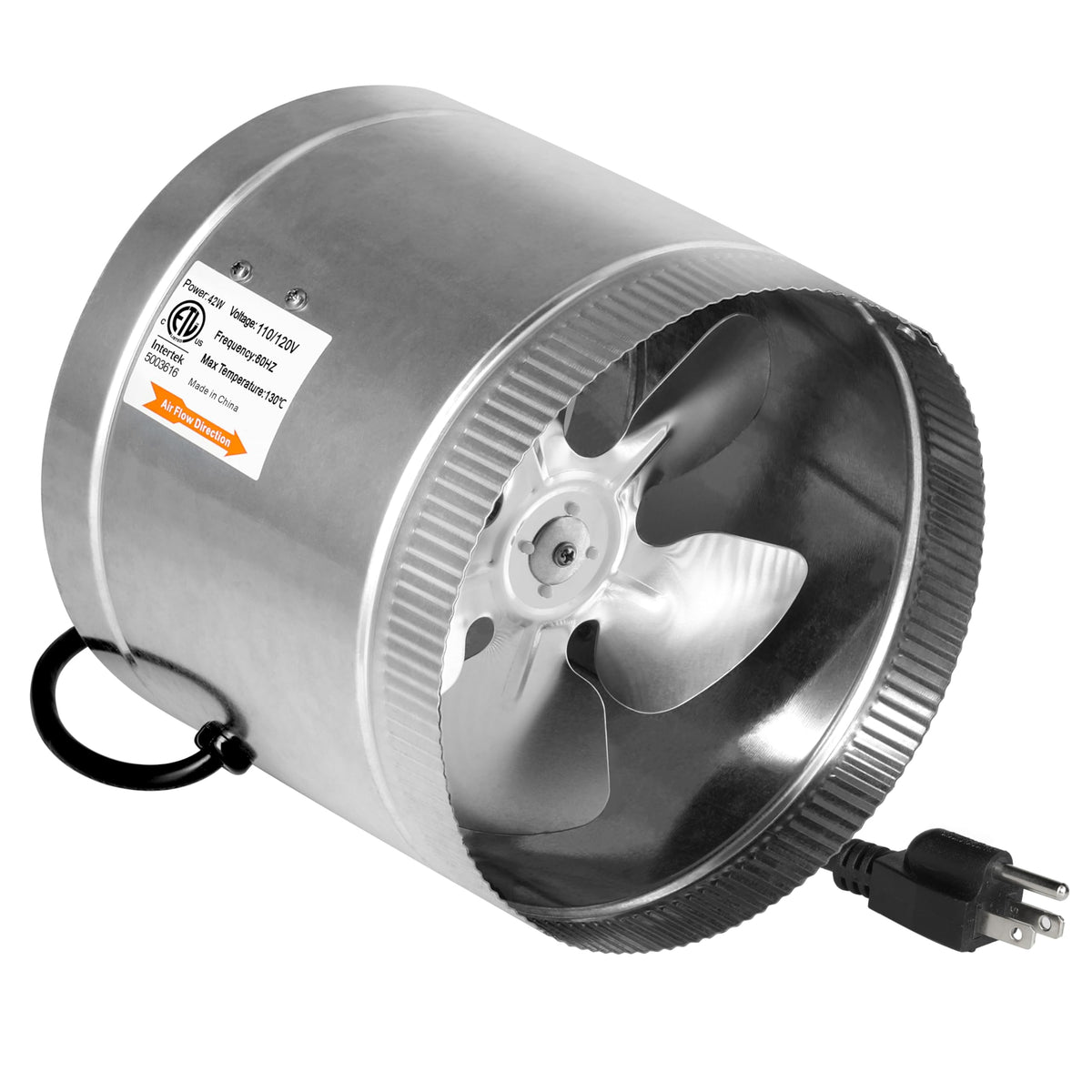 Ipower 8 Inch 420 Cfm Inline Duct Vent Blower Booster Fan For Hvac Exhaust And Intake 5.5' Grounded Power Cord, Low Noise, Silve