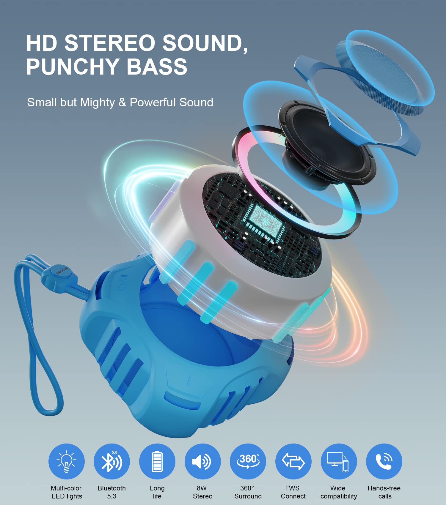 Comiso Shower Bluetooth Speaker, Ip67 Waterproof Speaker With Led Light, Portable Speaker, Floating, 2000Mah, True Wireless Stereo And Bass, Built In Mic, Ideal For Travel, Beach, Gifts For Unisex.