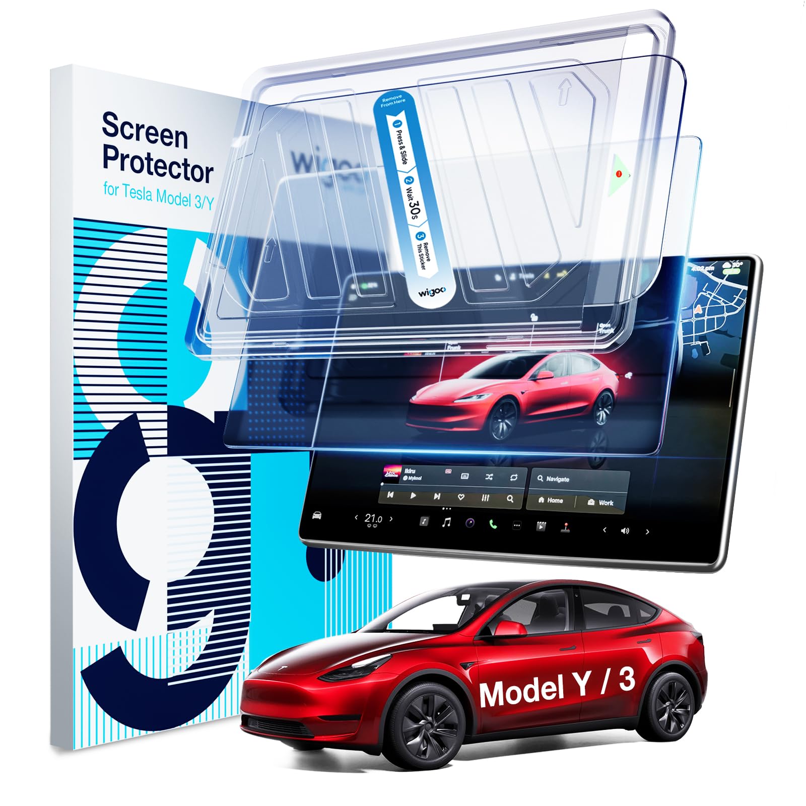 Wigoo 2024 Upgrade Tesla Model Y /3 Accessories Screen Protector Matte [No More Glare & Fingerprint] 9H Tempered Glass Protector