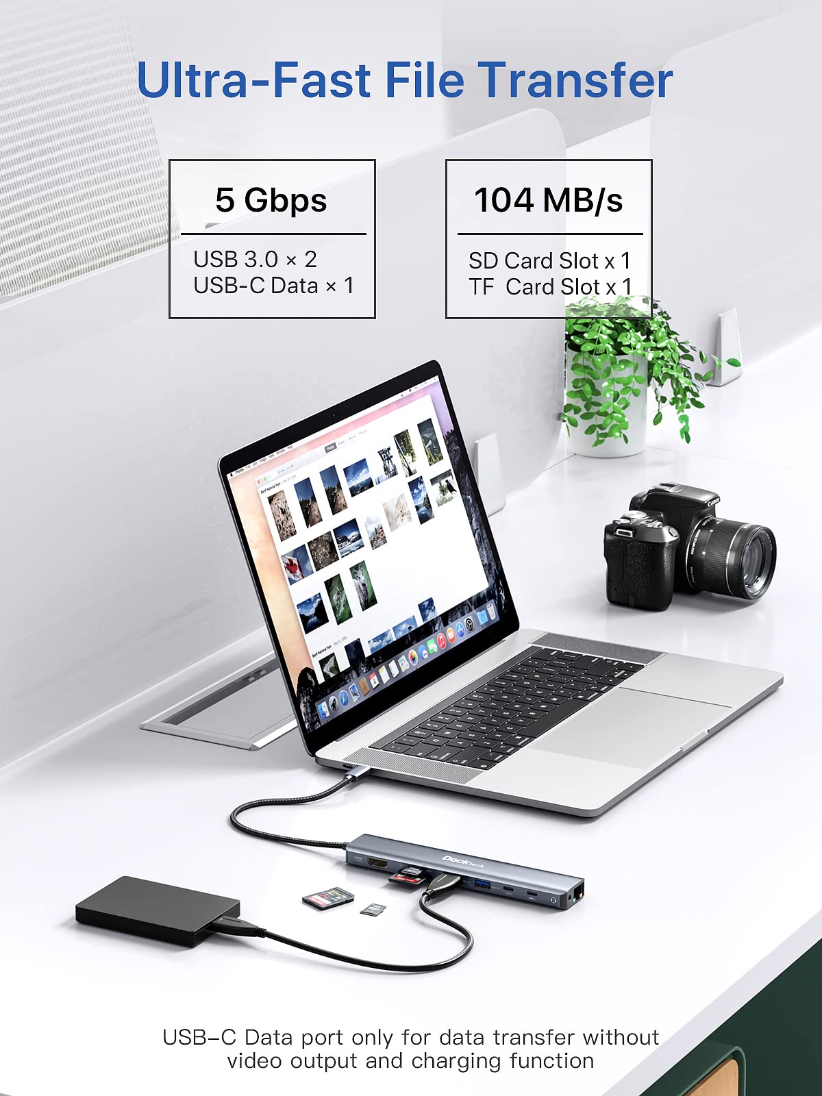 Usb C Hub, 9 In 1 Dockteck Usb C To Hdmi Adapter With 4K@60Hz, 1Gbps Ethernet, 100W Pd, Audio, Usb C And 2 Usb A 5 Gbps Data Por