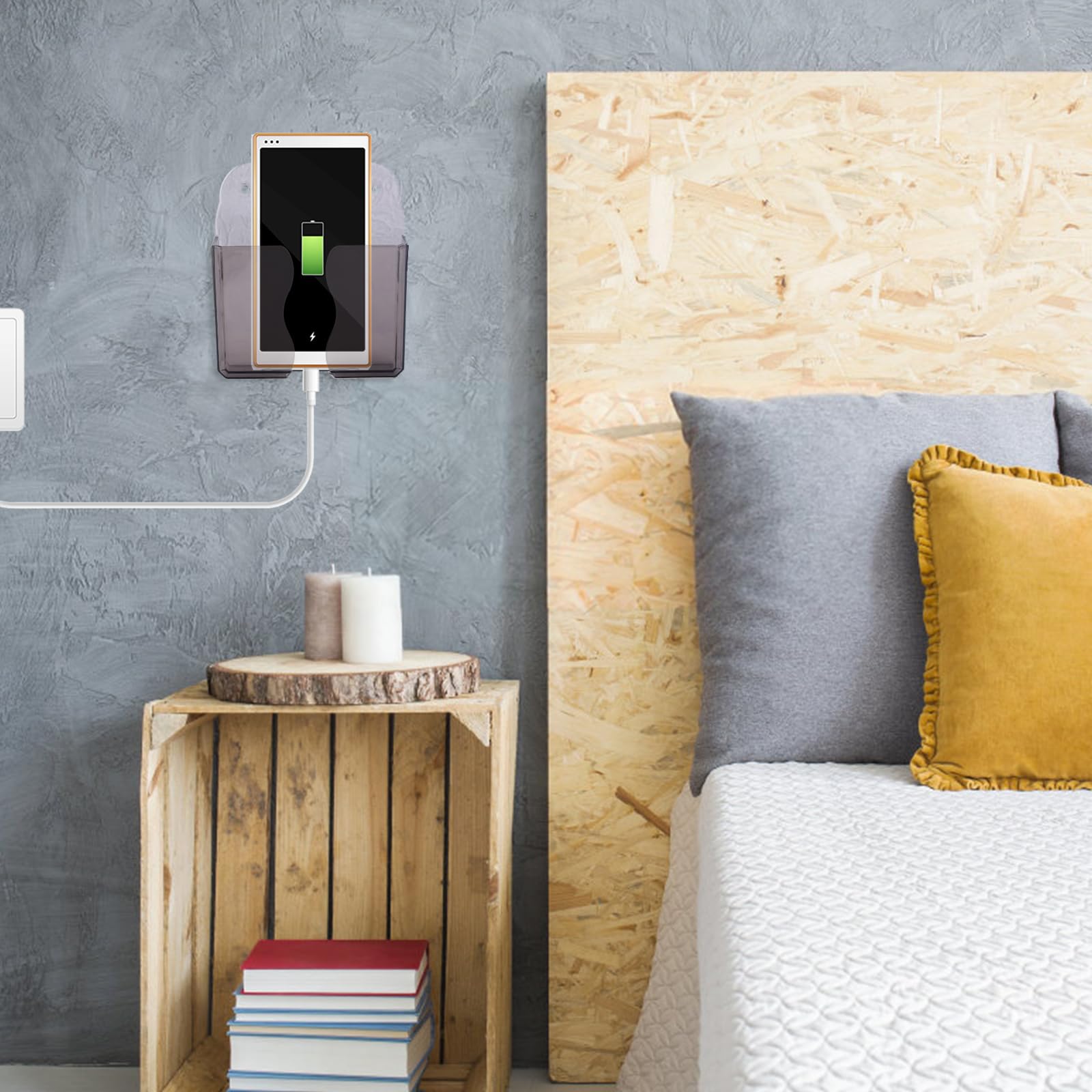 2Pcs Wall Mount Phone Holders, Clear Plastic Self Adhesive With Charging Hole Shelf Stand, Bedside Smartphone Stand Cradle, Cell