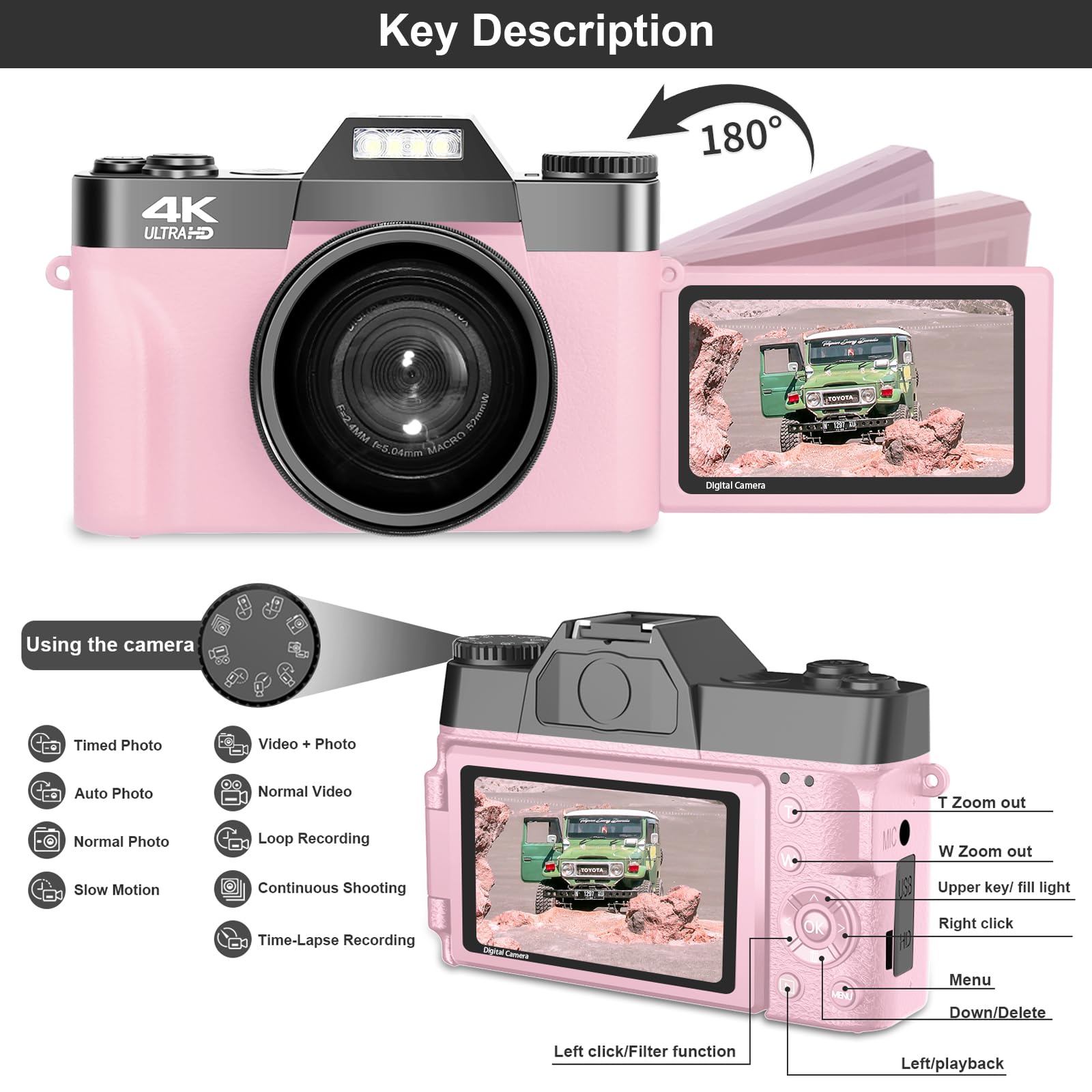 Vetek Digital Cameras For Photography, 4K 48Mp Vlogging Camera 16X Digital Zoom Manual Focus Students Compact Camera With 52Mm Wide Angle Lens & Macro Lens, 32G Micro Card And 2 Batteries (Pink)