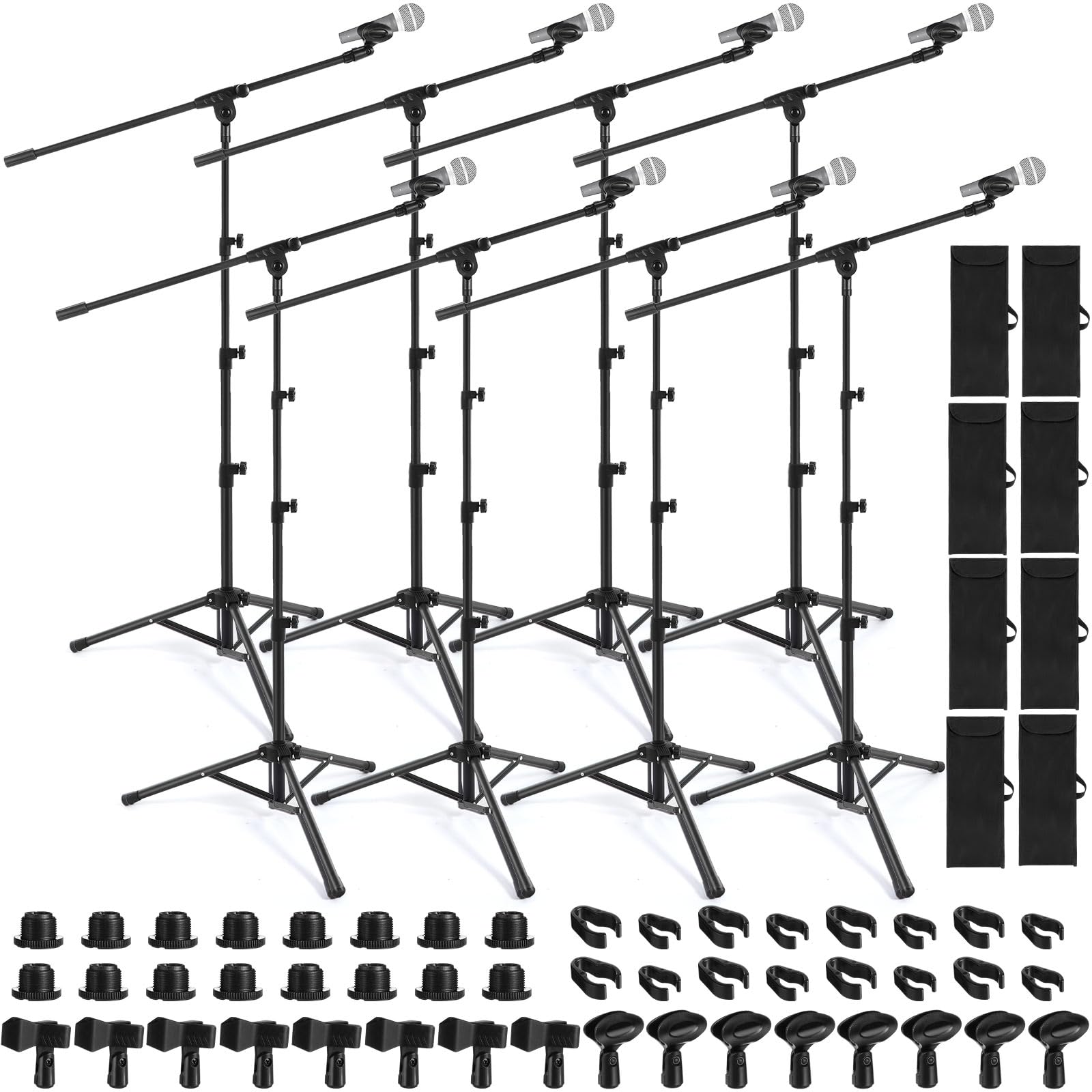 Relaxweex 8 Pcs Tripod Microphone Stand Boom Arm Floor Mic Stand Adjustable Height 26-67 inch with 8 Carrying Bag and 16 Mic Cli