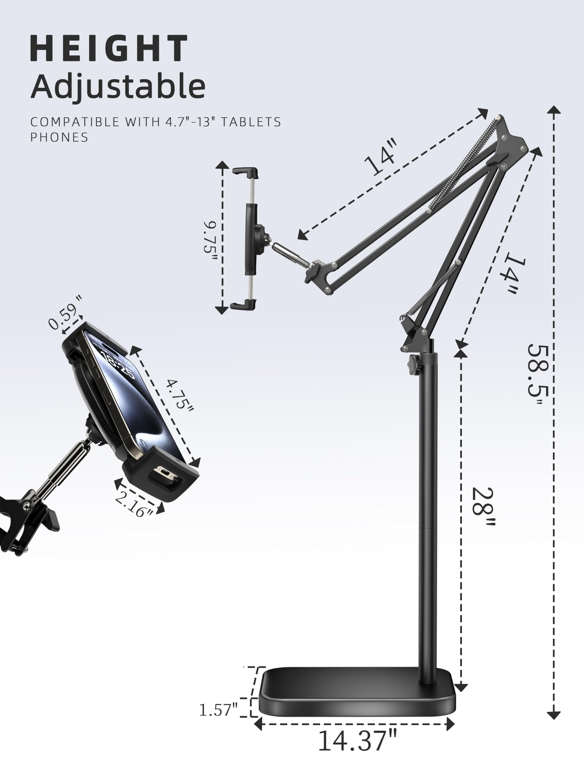 Bluusuuk Tablet Floor Stand With 11Lb Stable Base   Adjustable Height Stretchable Arm Swivel Holder Mount, Compatible With Ipad