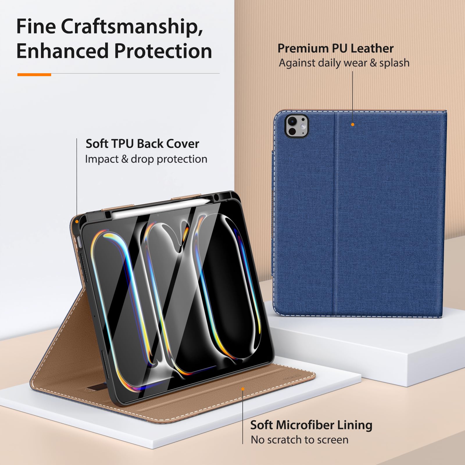 MoKo for iPad Pro 13 Inch Case 2024 (M4) with Pencil Holder & Pocket, Built in Hand Strap, Multi Angle Viewing, Premium PU Leather Folio Cover for iPad Pro 13 2024, Denim Blue & Brown