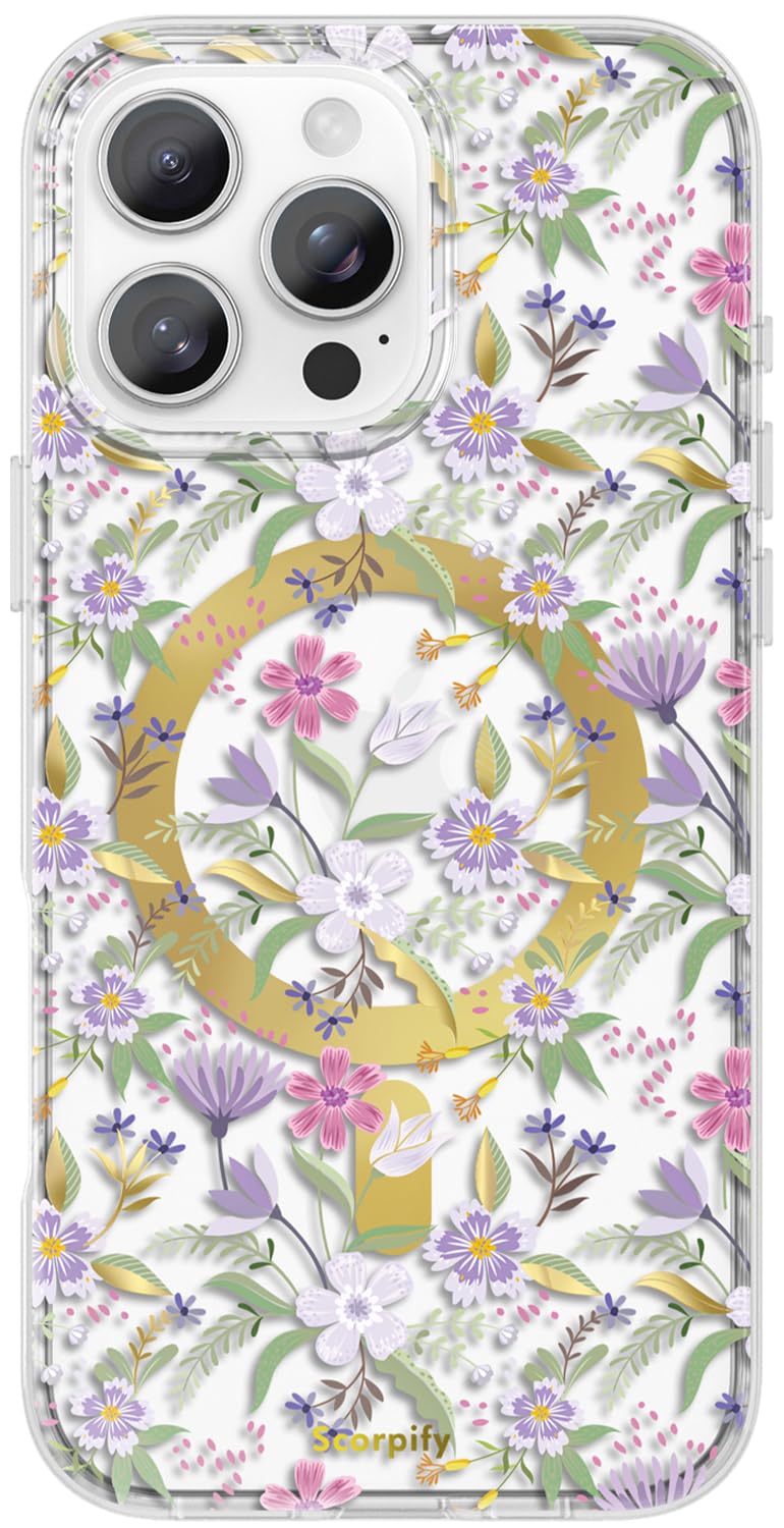 Scorpify For Iphone 16 Pro Max Case [Compatible With Magsafe] With Purple Cherry Floral Design, Cute Clear Flower Magnetic Phone